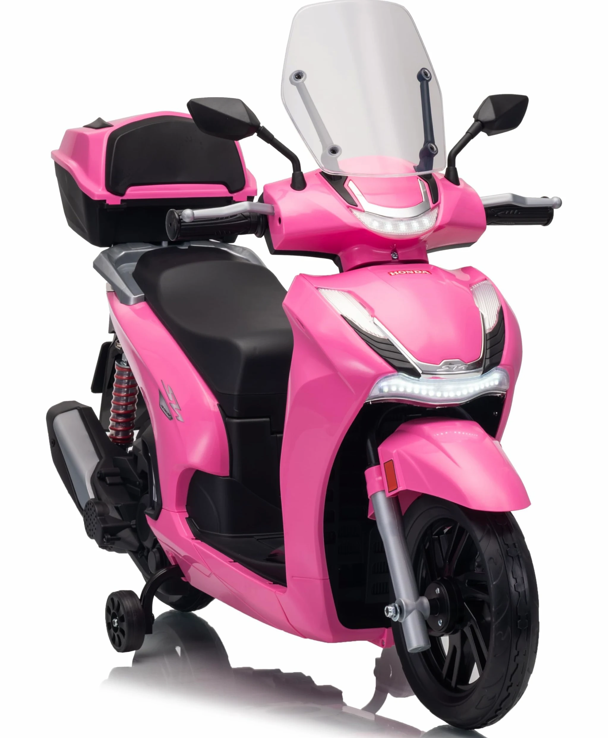 Honda SH 350 12V Moto Elettrica per Bambini con Licenza Ufficiale, Scooter Elettrico con Ruote in Gomma, Sedile in Pelle, Bauletto, Rotelle Stabilizzatrici, Luci LED e Suoni, MP3 Rosa