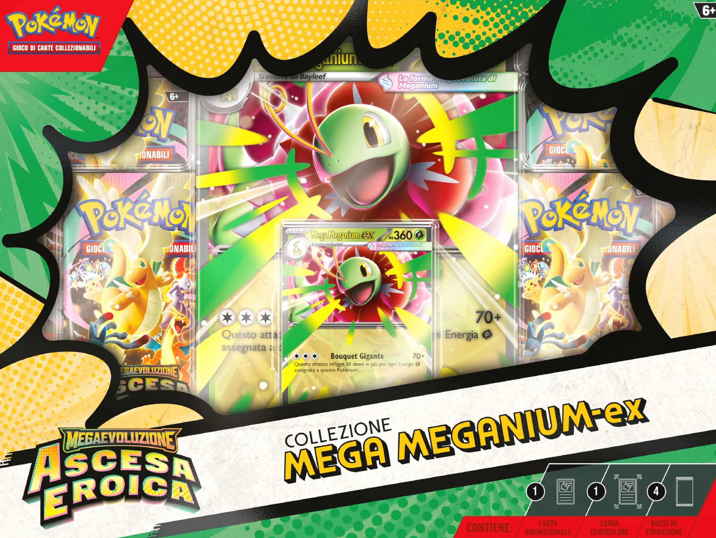 Pokémon: collezione Mega Meganium-ex dell’espansione Megaevoluzione - Ascesa Eroica del GCC Pokémon (una carta promozionale olografica, una carta lenticolare gigante e quattro buste di espansione)
