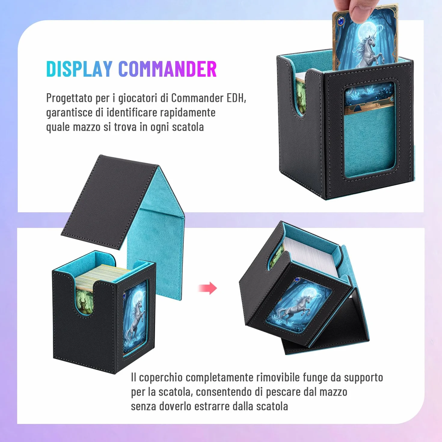 Box Porta Mazzo mit Display per Carte MTG Capacità di 100+ Carte/30+ Carta Toploader,Magnetic Flip Deck Box per le Carte di Magic Commander TCG (Verticale-Blu Chiaro)