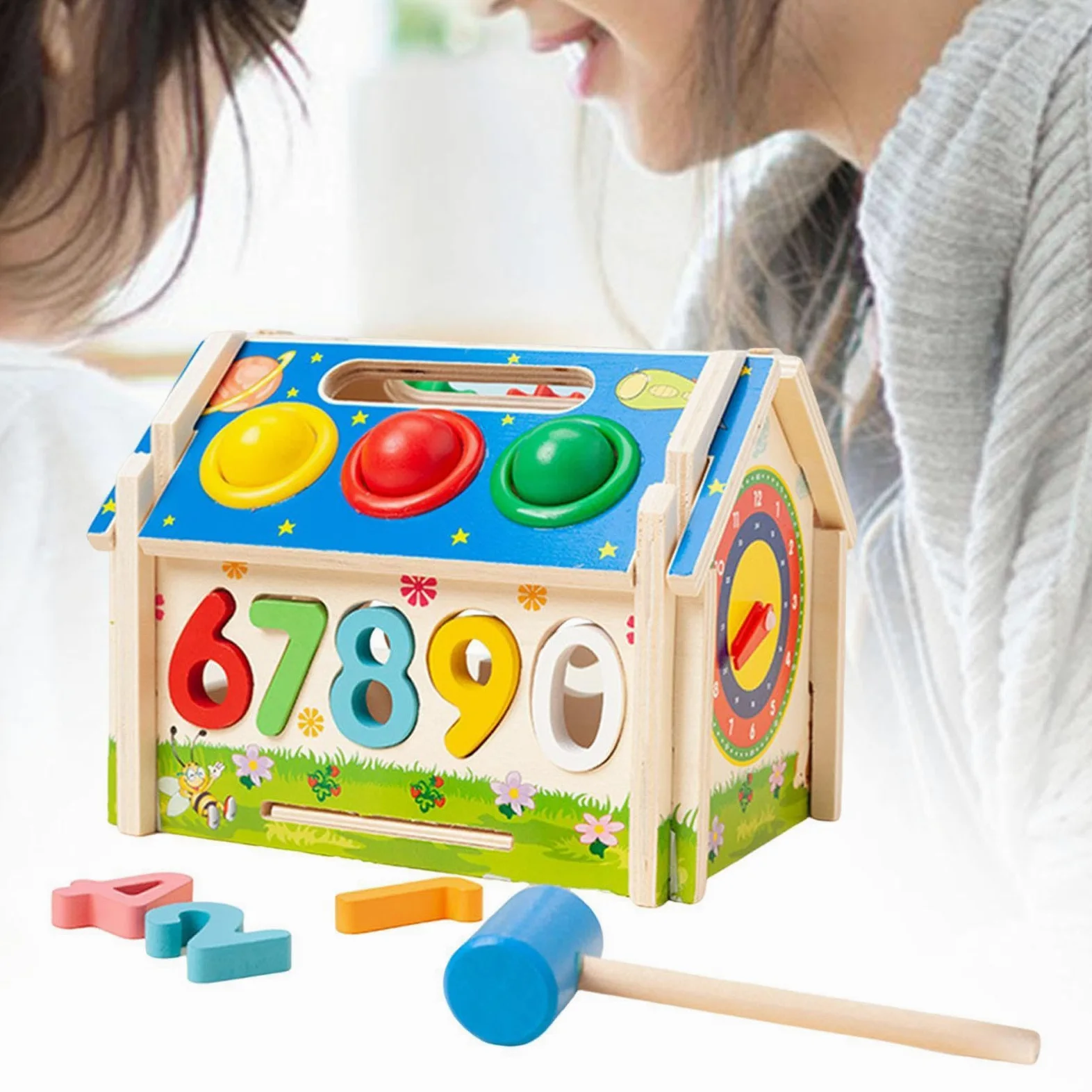Cubo di Legno per L'ordinamento delle Forme, per Bambini dai 3 Ai 5 Anni, Centro attività, con maglio