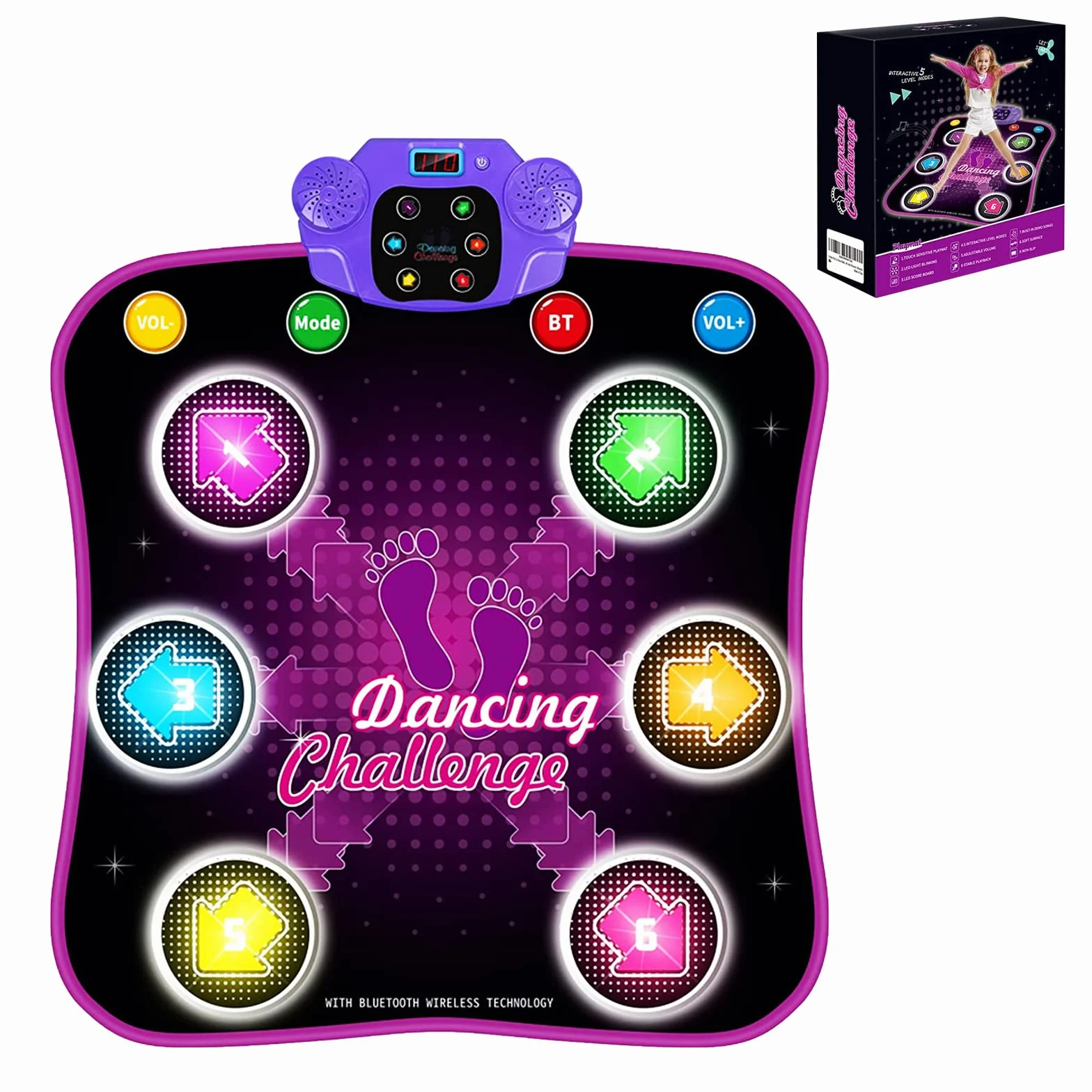 Bambini Tappetino da Ballo Bluetooth con 6 Luci Frecce, Elettronico Musica Dance Mat Volume Regolabile 3-8+ Anni Regalo Natale