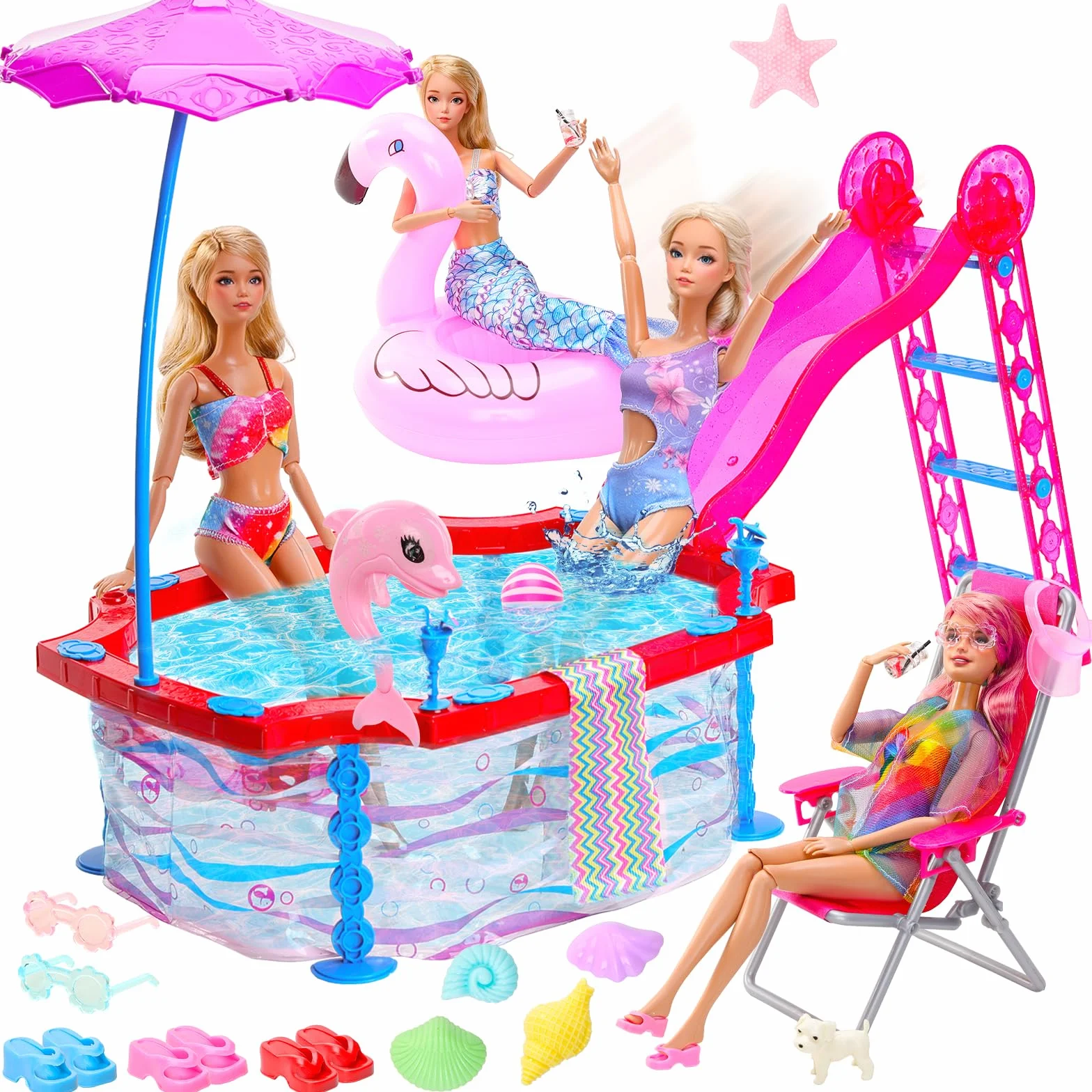 Miunana 23 Pezzi Per 11.5 Pollici 30 CM Bambola: 3 Costumi Da Bagno + 1 Vestito Sirena + 3 PCS Scarpe + Piscina + 15 Accessori D'Estate