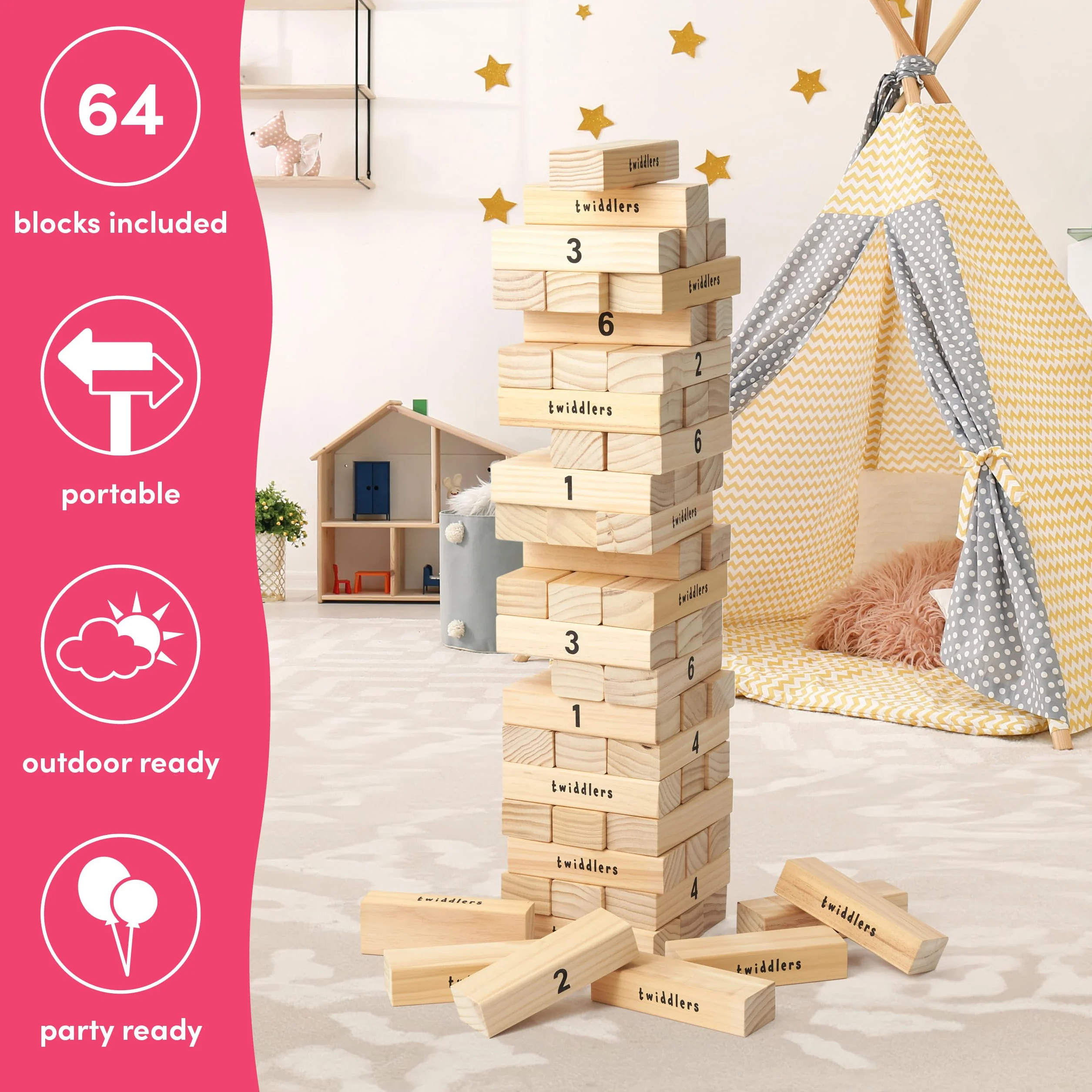 THE TWIDDLERS Torre di Legno Gigante (64 Pezzi, Altezza 1,5m) - Gioco da Giardino XL per Bambini e Adulti con Custodia, per Feste, Compleanni ed Eventi, Gioco di Società per Esterno