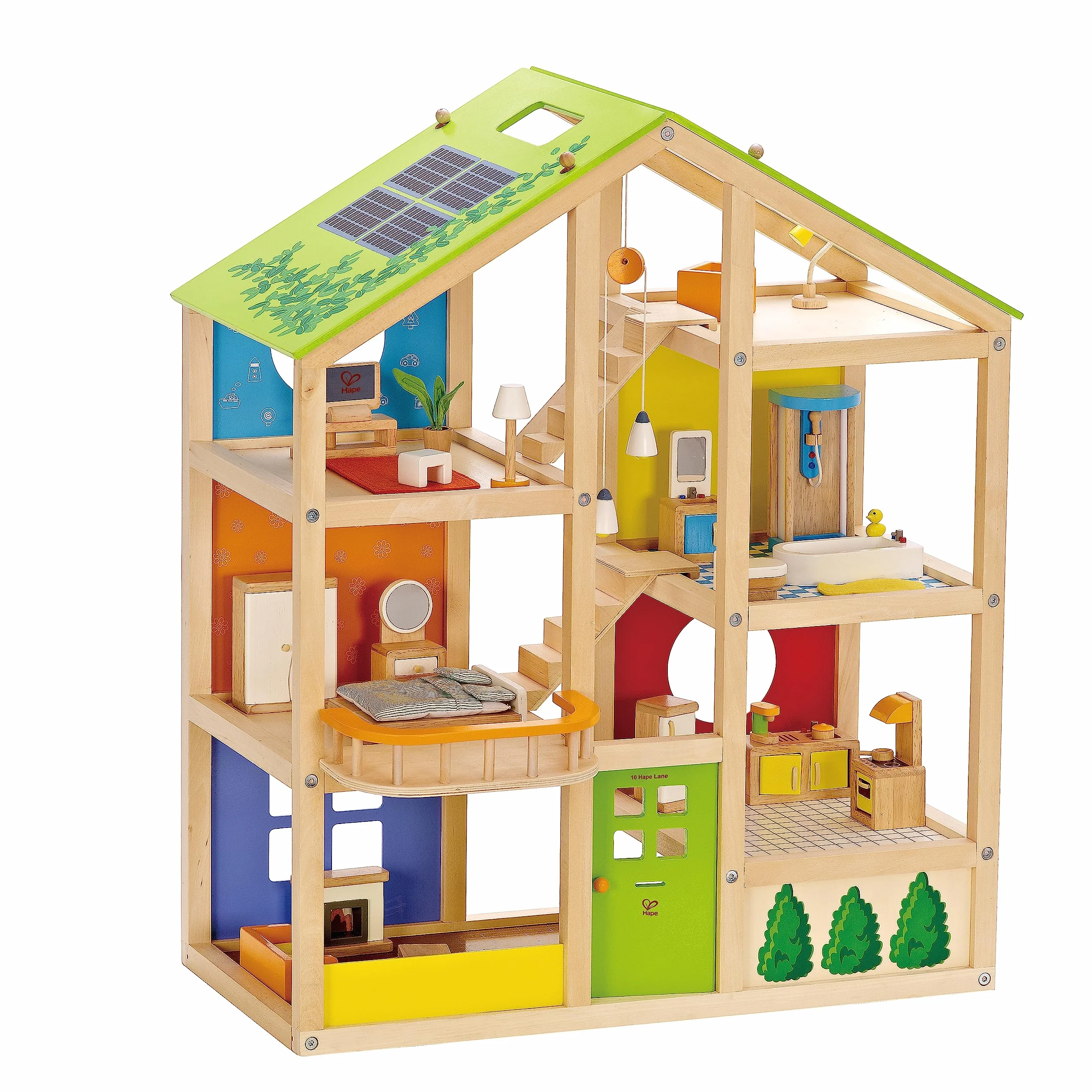 Hape E3401 - Casa 4 Stagioni in Legno per Bambini Vincitore del Premio Migliore Casa da Bambole con Mobili, Accessori e Scale amovibili e con Tetto dalle Diverse Stagioni