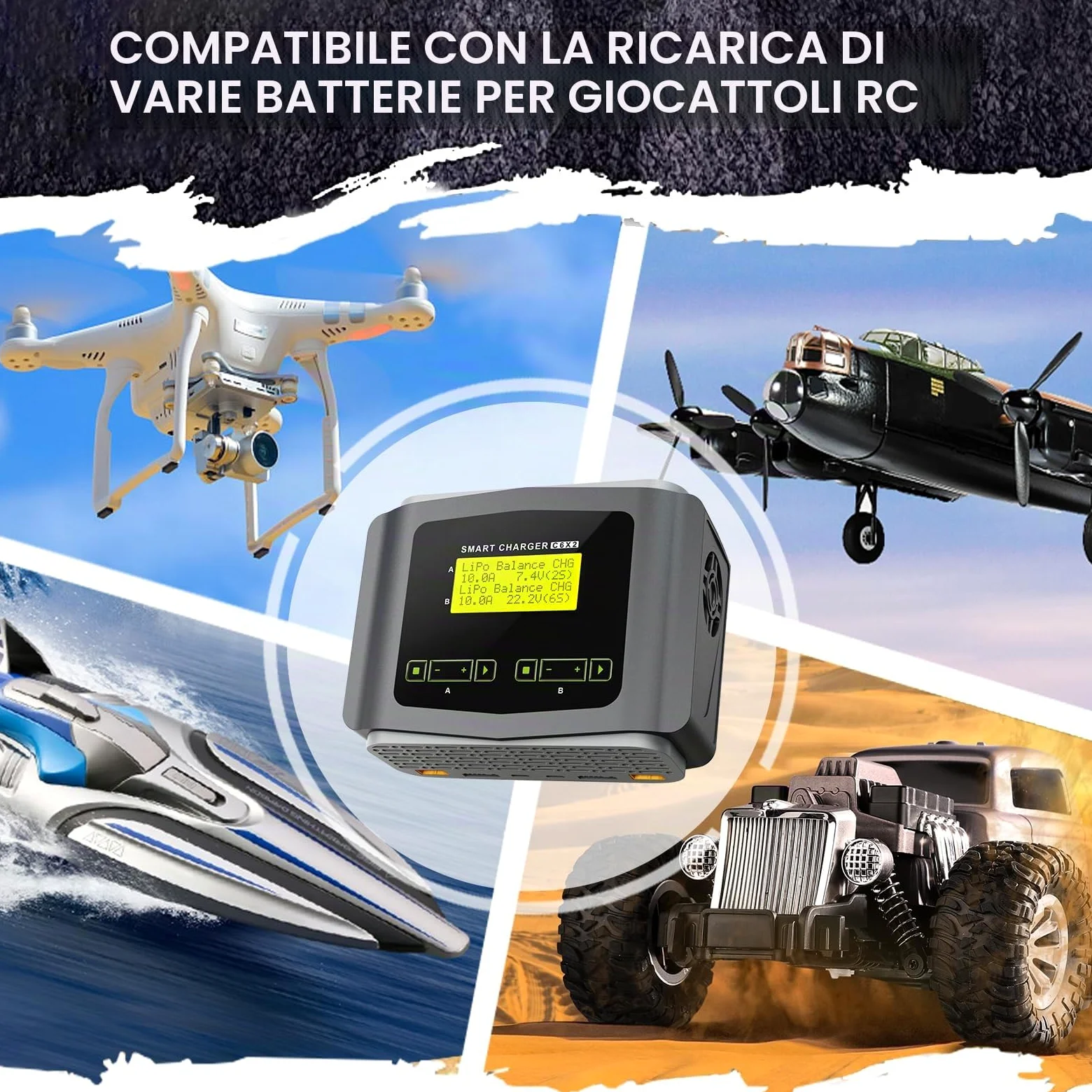 Haisito Caricabatterie al litio RC AC 150 W/DC 240 W, Duo, caricatore LiPo per LiPo/Life/LiHV/Lilon (1-6S), NiMH/NiCD(1-15S), PB, Smart Batterie, 10 A RC Balance, Caricabatterie RC