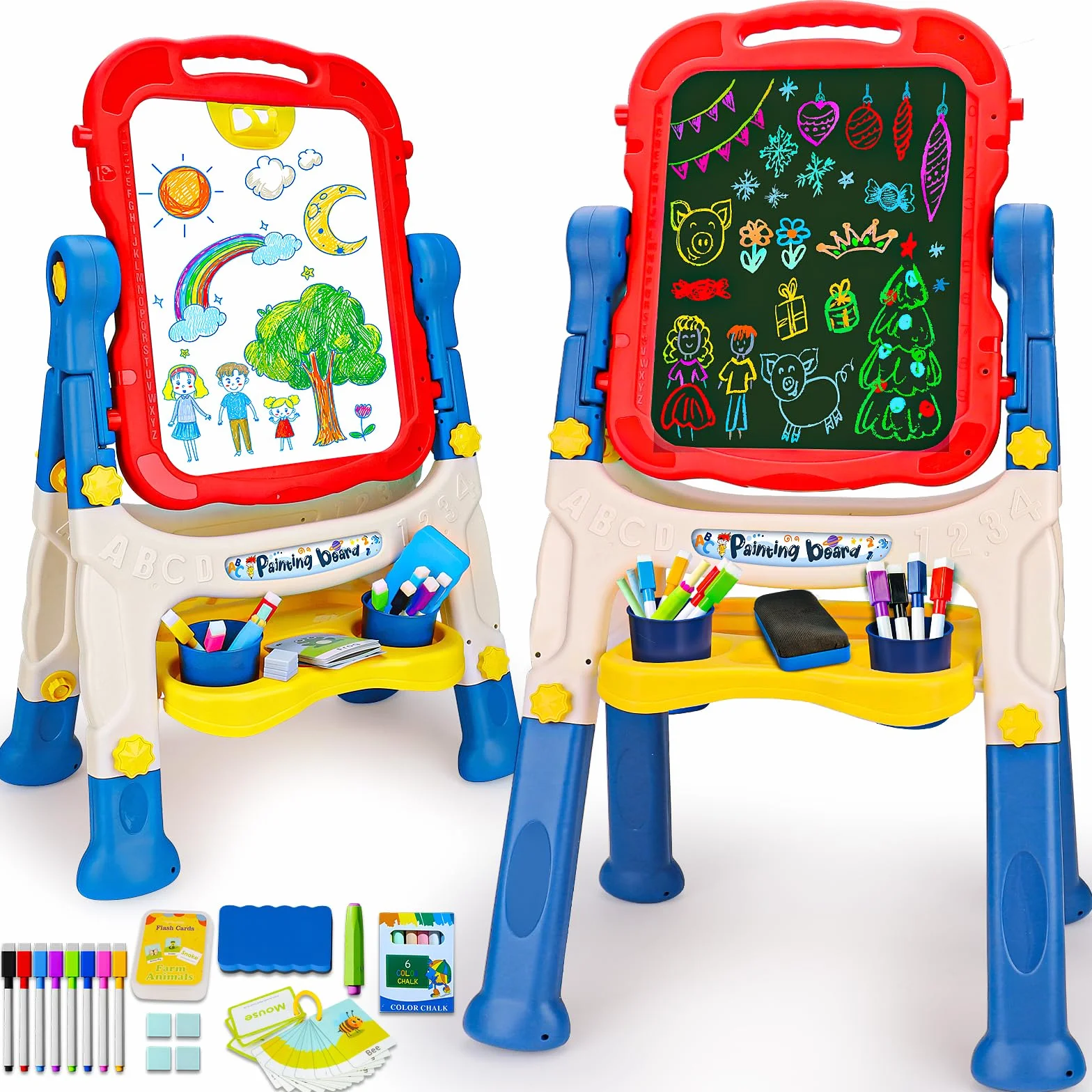Lavagna per Bambini 4 in 1 con Lavagna Bianco Cancellabile, Lavagna Nera per Gessoi e Magnetica, Cavalletto Pitturai Regolabile Altezza, Giochi Educativi Regalo 2 3 4 5 6 Anni
