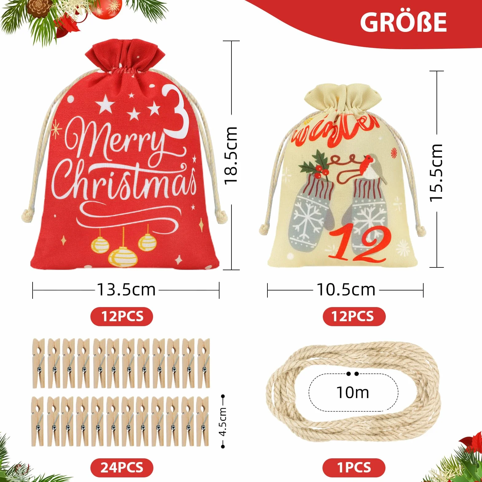 Calendario Avvento Fai da Te, Sacchetti Calendario Avvento Bambini, Kit Calendario Dell Avvento Fai da Te, Grande Calendario Avvento 2026 Fai da Te da Riempire Stoffa, Sacchetti Avvento Natale