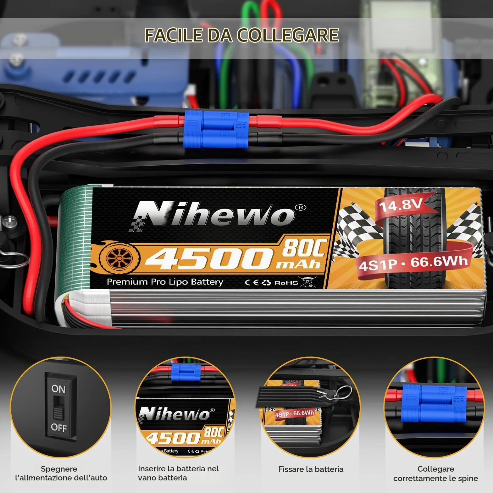 Batteria LiPo 4S 14.8V 4500mAh 60C EC5 per RC camion droni barche 2pz | Batteria 4S 4500mAh compatibile con modelli RC scala 1/8: auto, camion, aerei, elicotteri, barche, carri armati
