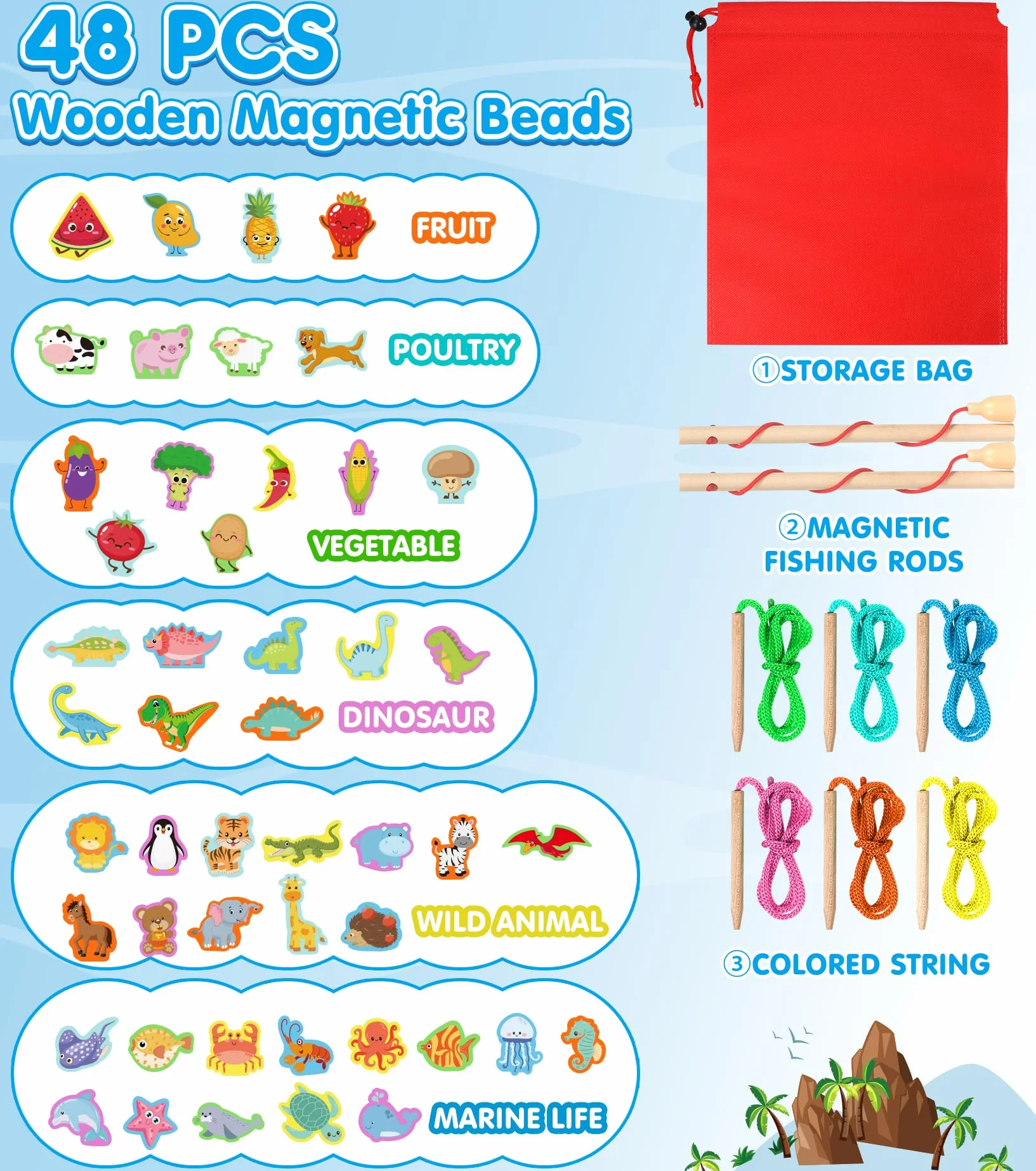 Ophy Giochi Montessori 6 Temi per Bambini - 2 in 1 Giocattoli Educativi per 2-3 Anni | Perline di Legno Giochi da Infilare