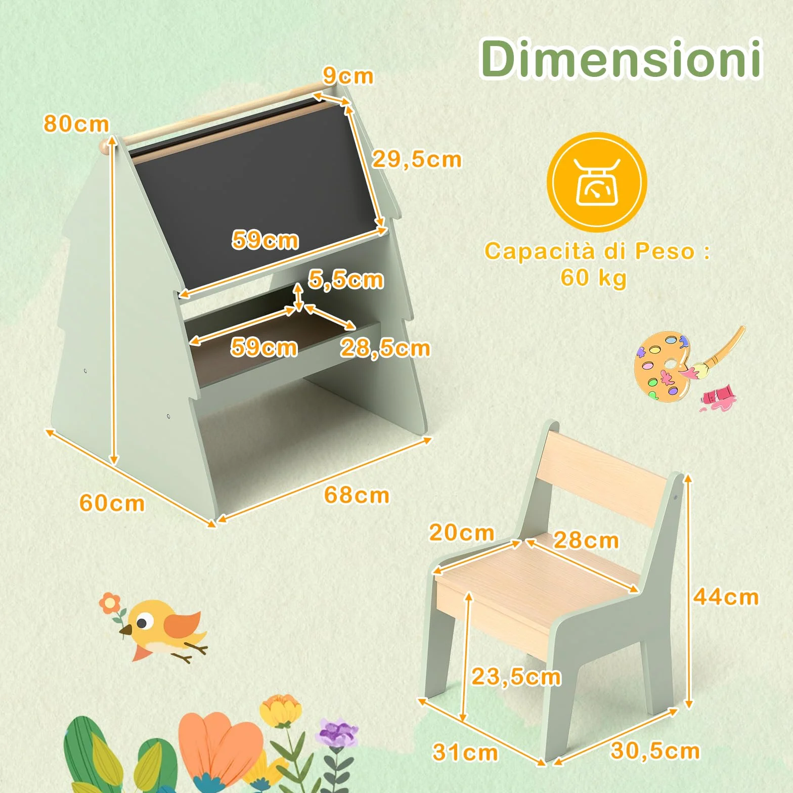 RELAX4LIFE 2 in 1 Lavagna per Bambini Bifacciale, Set di Cavalletto Artistico a Forma di Albero con Sgabello, Rotolo di Carta, Scaffale di Stoccaggio, 68 x 60 x 80 cm, per Bambini 3+ Anni