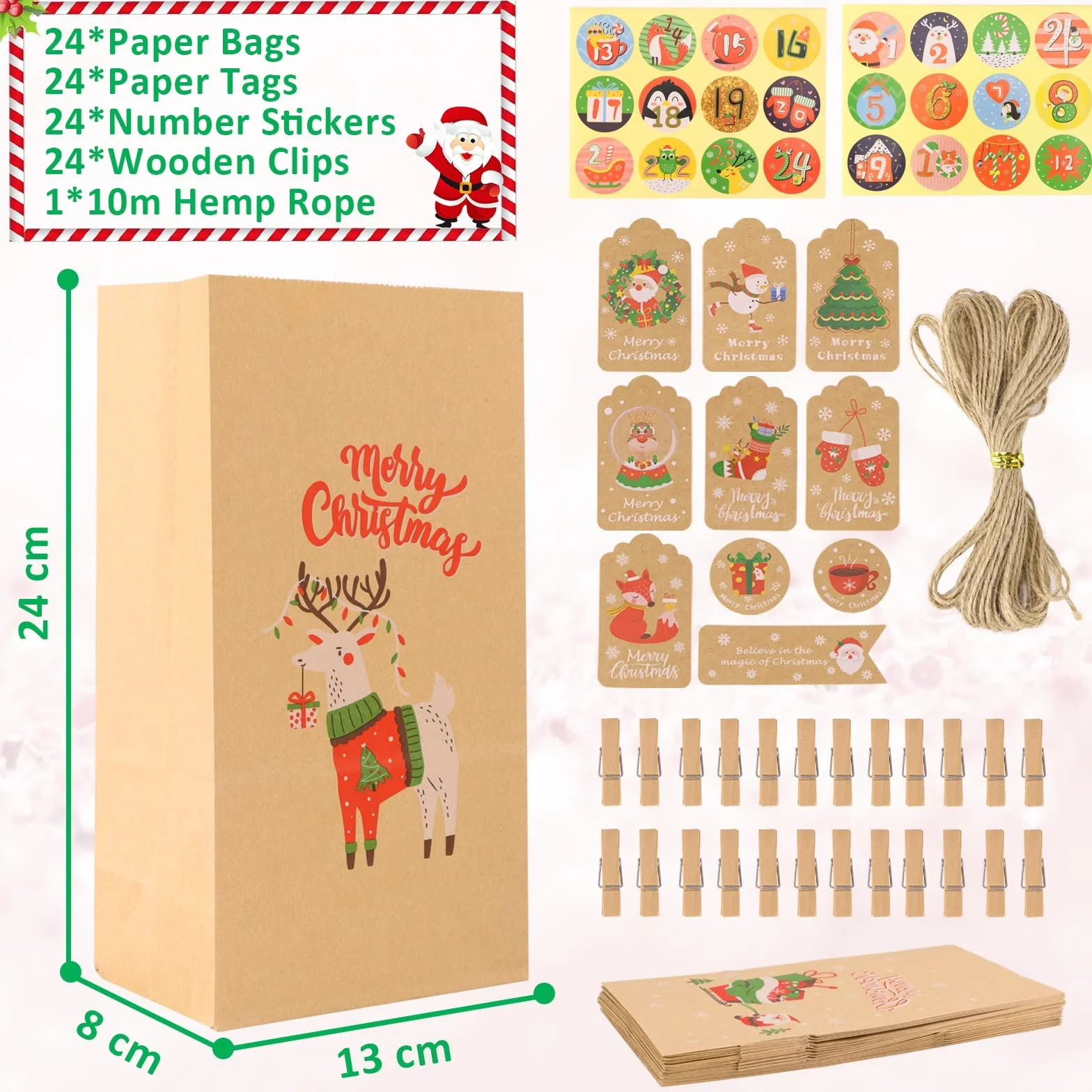Calendario dell’Avvento Fai da Te, Calendario Avvento 2025 Kinder, Sacchetti Calendario Avvento bambini da Riempire, con 1-24 Adesivi numerici, 24 Clip e Corda di Canapa