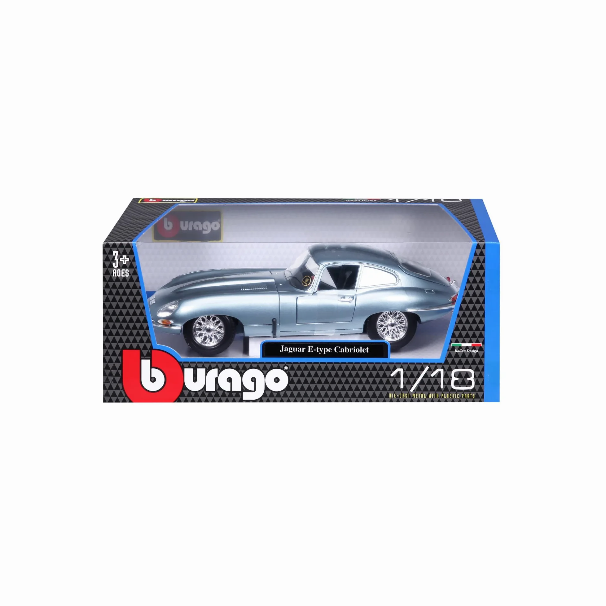 Bburago - Jaguar E-Type Coupe, Auto Diecast in Scala 1:18, Blu Met., 3+ | Modellino Auto Classica da Collezione con Porte, Cofano e Bagagliaio Apribili, Licenza Ufficiale