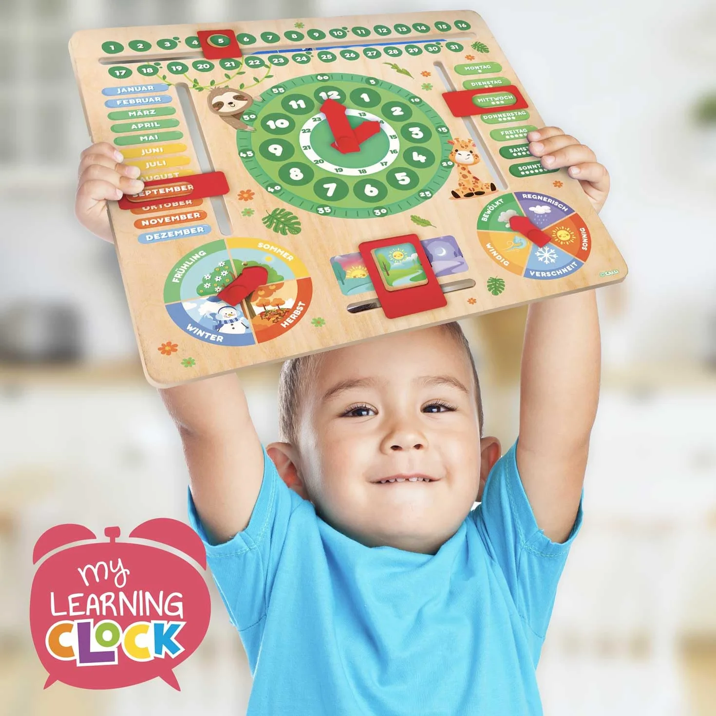 Craze My Learning Clock Animals - Orologio educativo per Bambini in Legno, Calendario per l'apprendimento dei Bambini, da Parete, Colore: Verde