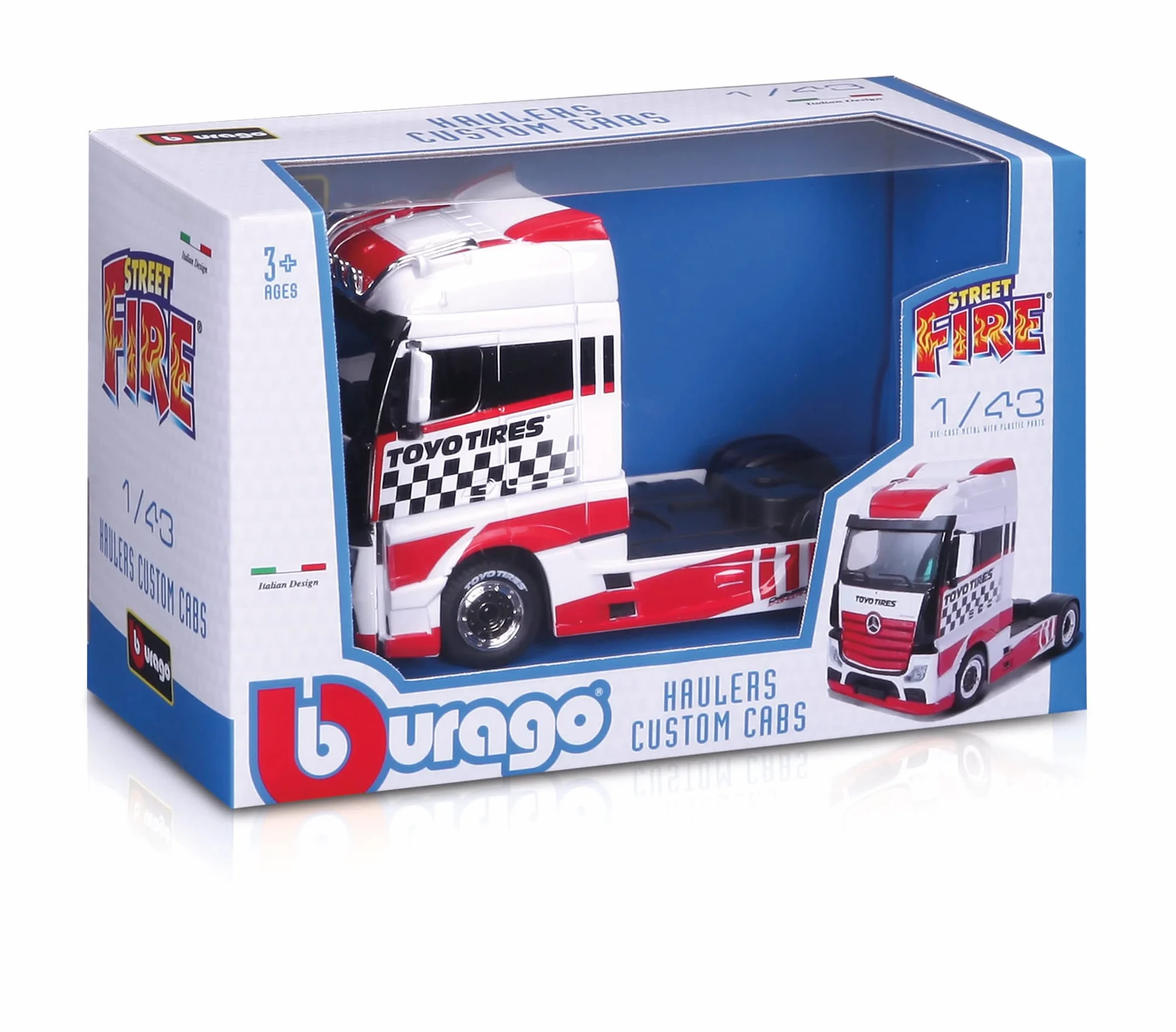 Bburago B18-32201 Street Fire HAULERS Custom CABS Die-Cast Truck-MB ACTROS GIGASPACE - Modello giocattolo da collezione in scala 1:43, disegni e colori assortiti