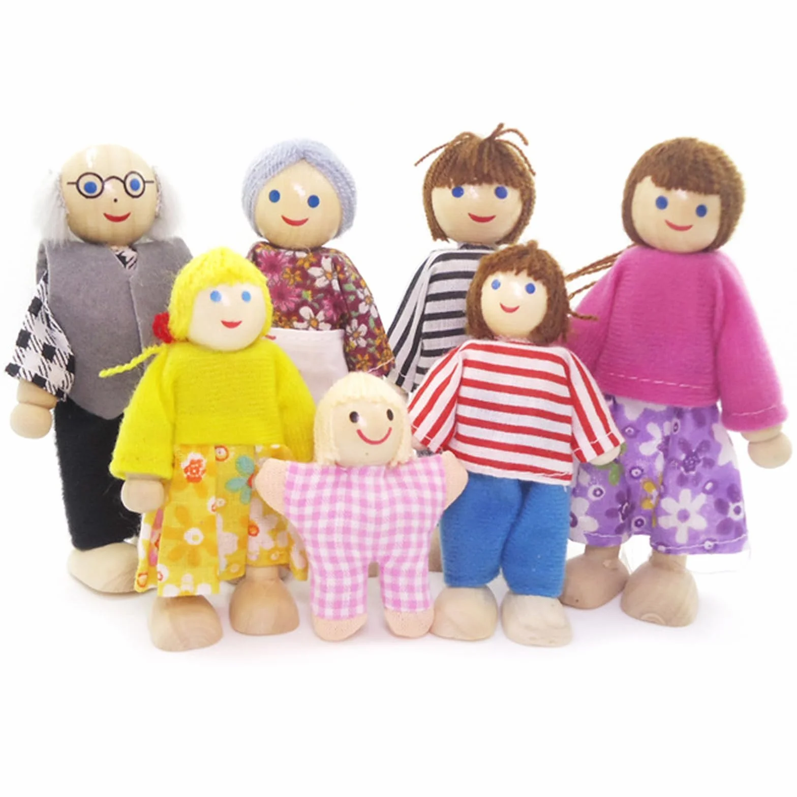 BDSHUNBF Casa delle bambole in Legno, Set di 7 Persone, Famiglia Bambole, Set Famiglia di Persone, Happy Family Dolls per Casa Bambole Legno Accessori Regalo