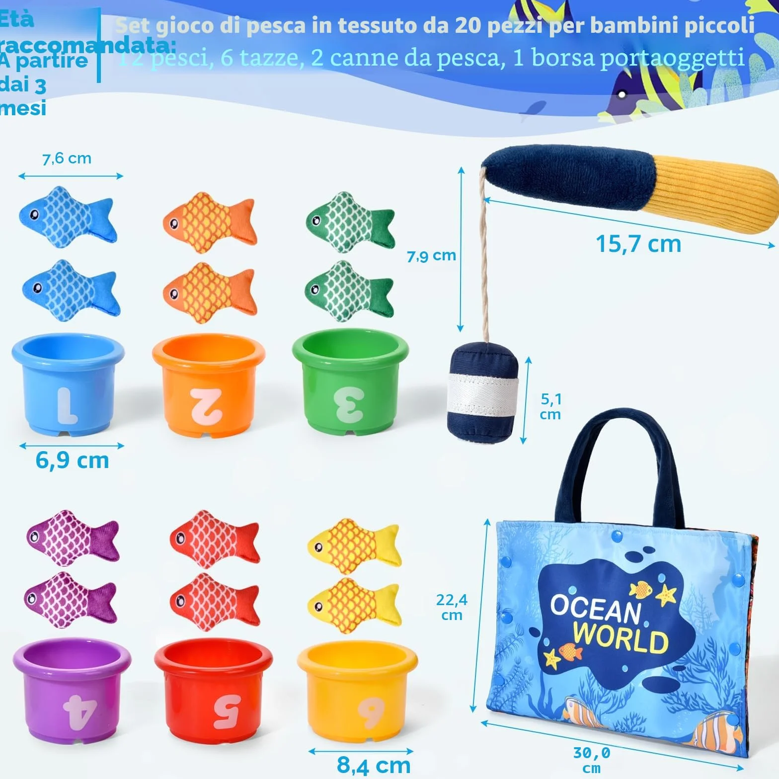 Gioco Montessori Pesca per Bambini 1-3 Anni - 12 Pesci Morbidi con Retino, Giocattolo Educativo per Sviluppo Motricità Fine e Coordinazione, Neonati 12-18 Mesi e Bambini