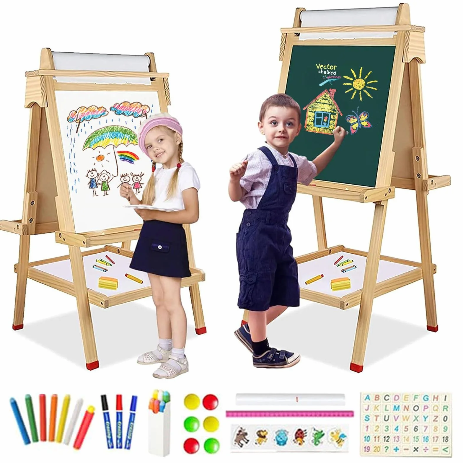 Lavagna per Bambini 3 in 1 Doppia Faccia Cavalletto Artistico in Legno con Rotolo di Carta Regolabile Altezza
