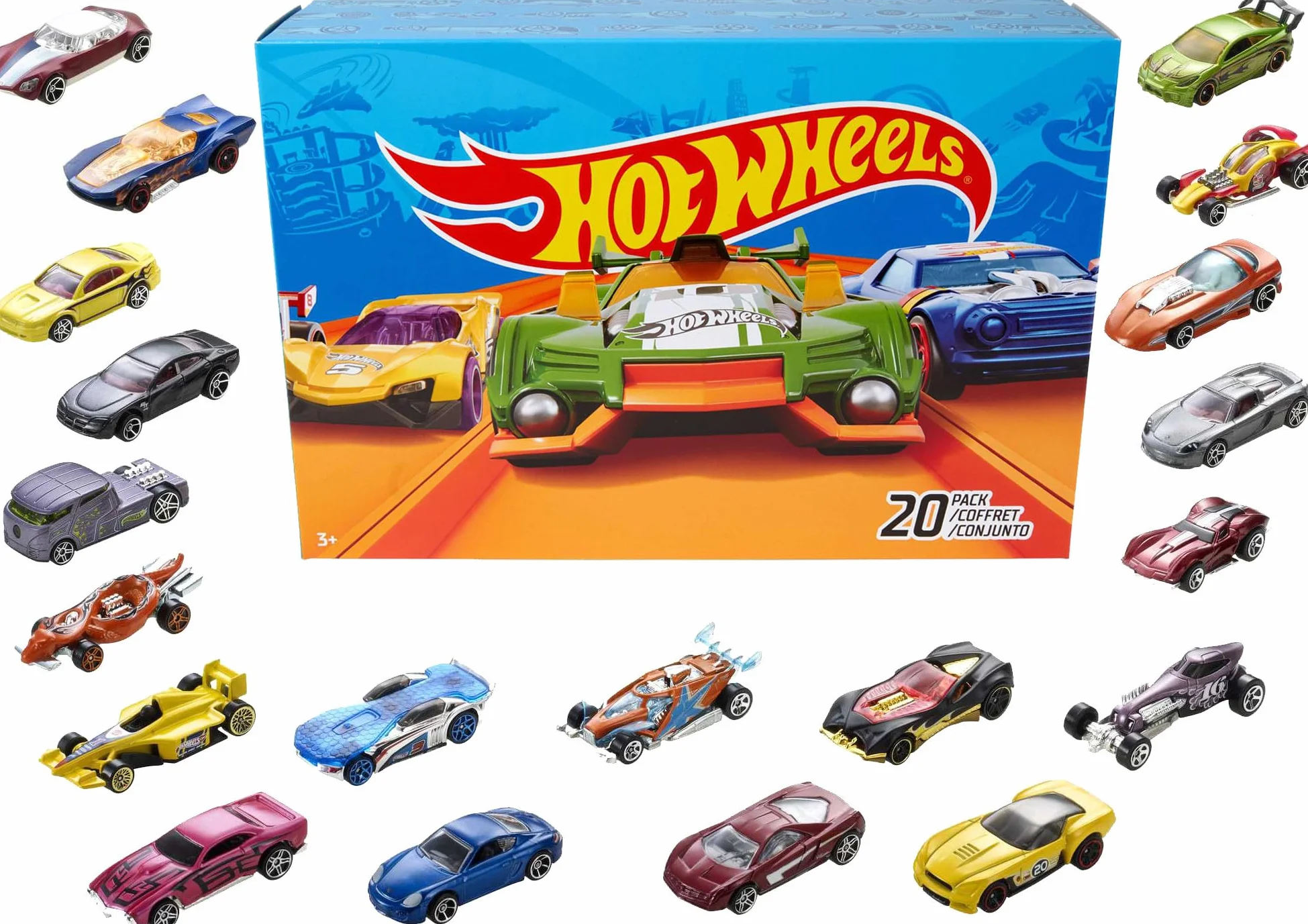 Hot Wheels, Confezione da 20 Macchinine, Veicoli in Scala 1:64 Assortiti, Giocattolo per Bambini 3+ Anni, Imballaggio Sostenibile, DXY59