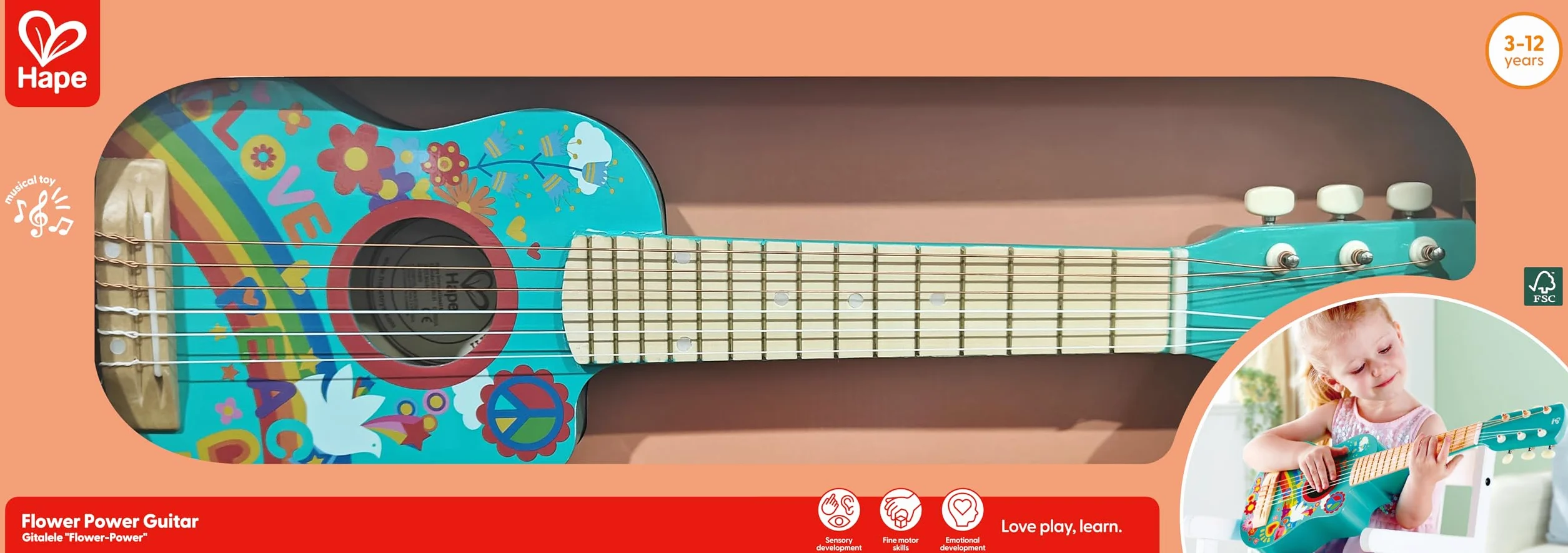 Hape Chitarra Figli dei Fiori Blu Strumento Giocattolo Legno Decorazioni Flower Power 3+ Anni