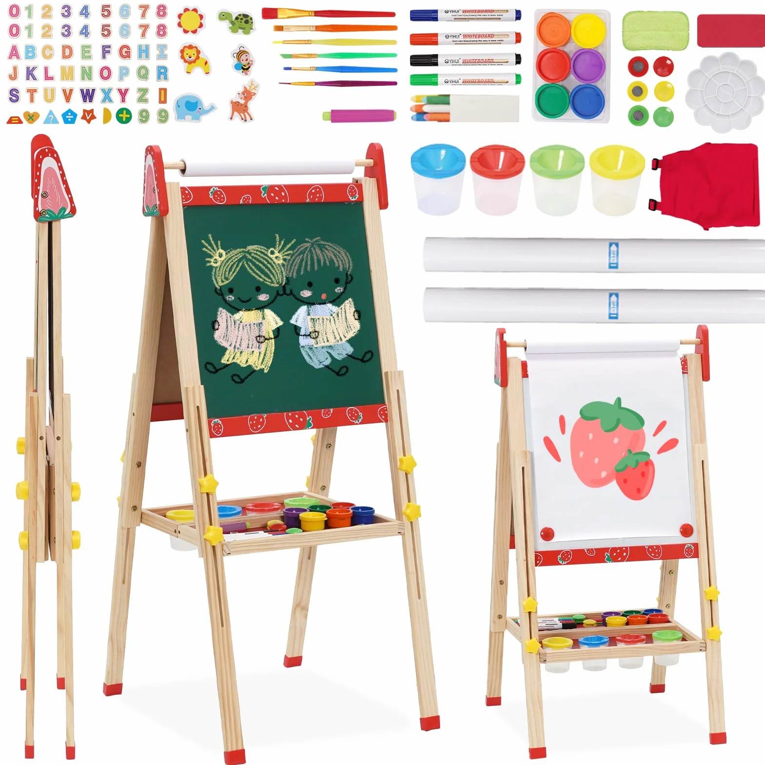 Lavagna per Bambini Cavalletto 3 in 1 Doppia Faccia con Rotolo di Carta Altezza Regolabile 95-125cm Pieghevole Multiattività Vassoio di Stoccaggio 100+ Accessori da Disegno