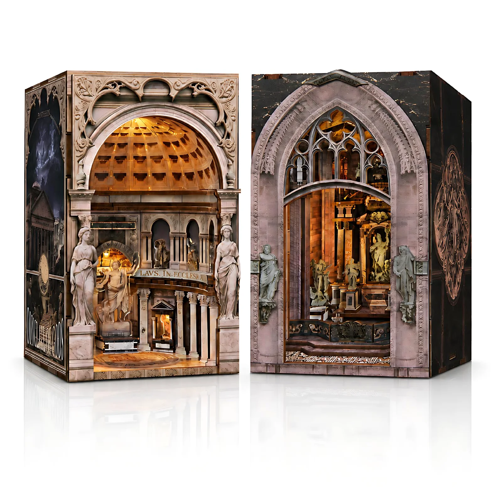 MiniCity Set di 2 angoli per libri fai da te, collezione Miniature World, serie di puzzle 3D con chiesa, decorazione estetica per librerie e hobby per bibliofili (Pantheon e Duomo di Mliano)