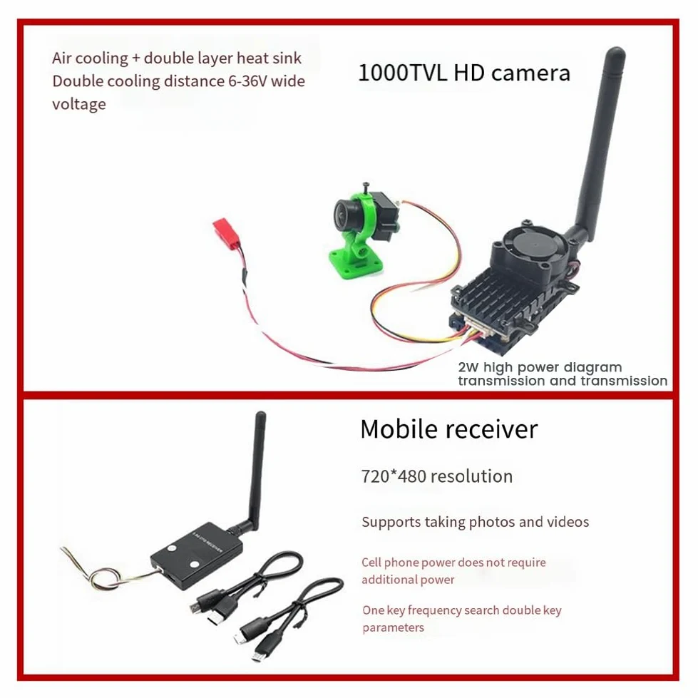 2W Trasmettitore Wireless FPV 2000MW 48CH + Ricevitore + Videocamera 1000TVL in Metallo Nero e Plastica per Droni da RC FPV