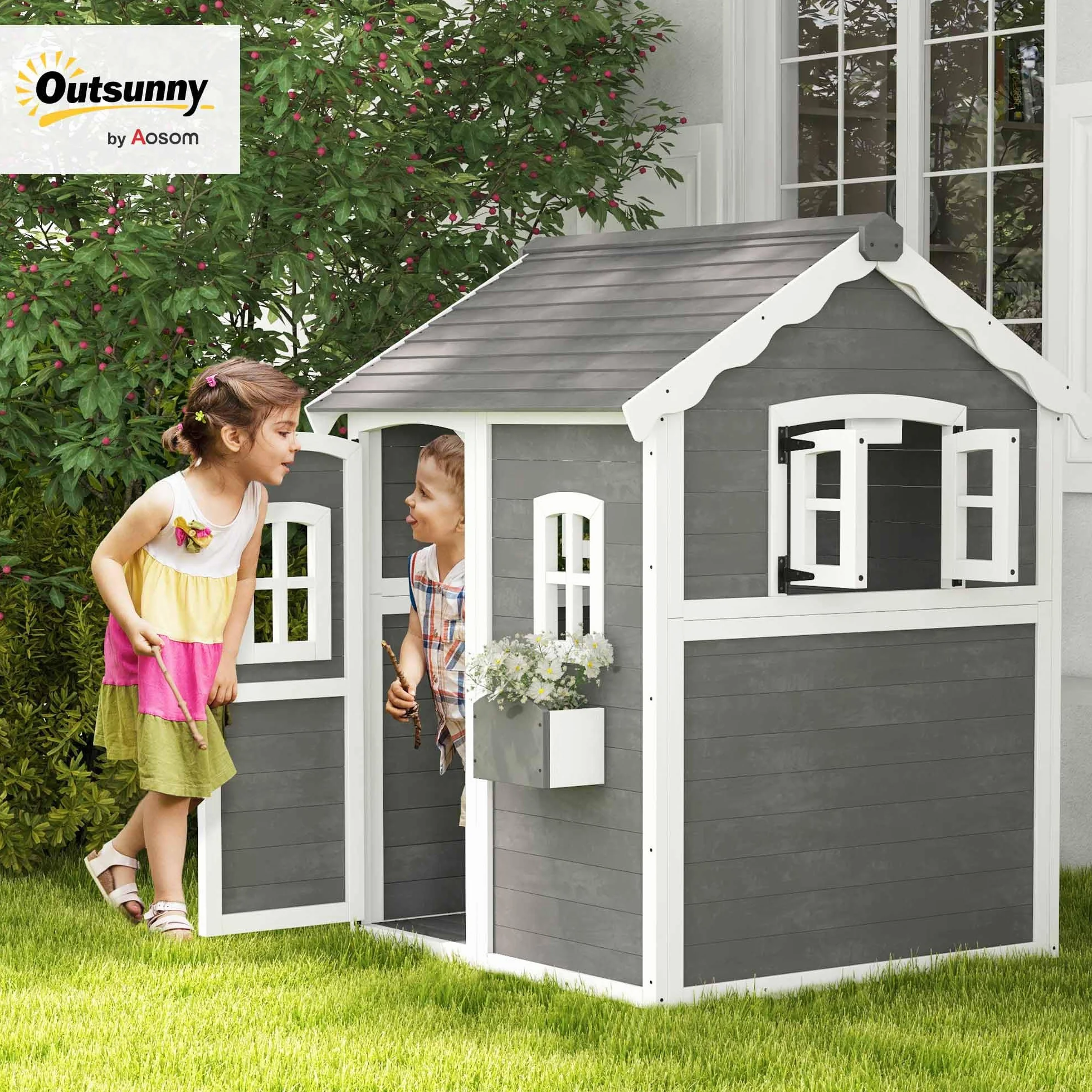 Outsunny Casetta per Bambini 3-8 Anni con 6 Finestre e Fioriera, Casetta da Gioco in Legno di Abete, 104.5x110x137 cm, Grigia
