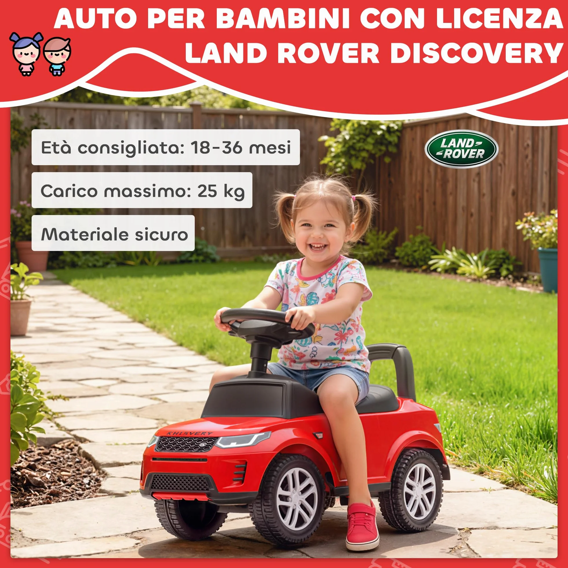 AIYAPLAY Land Rover Discovery Macchina Primi Passi Bambini 65.5x28x42 cm Rosso