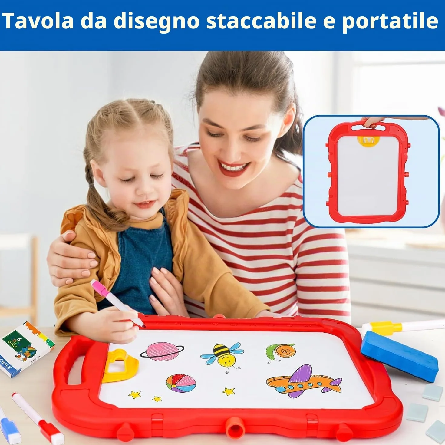 Lavagna per Bambini 4 in 1 con Lavagna Bianco Cancellabile, Lavagna Nera per Gessoi e Magnetica, Cavalletto Pitturai Regolabile Altezza, Giochi Educativi Regalo 2 3 4 5 6 Anni