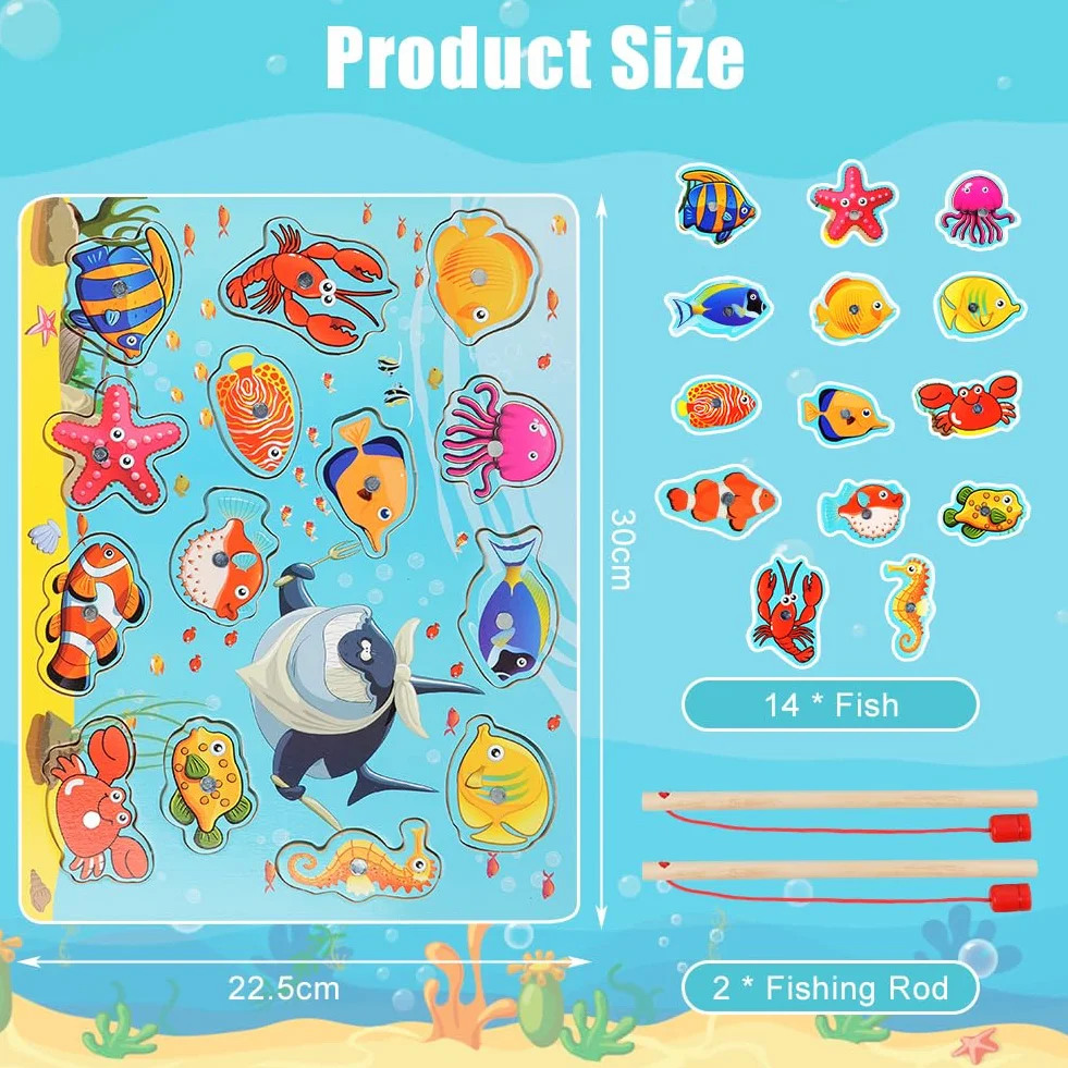 Vicloon Magnetico Giochi di Pesca per Bambini, Giochi Magnetici di Pesca in Legno, Giocattoli di Legno Gioco di Pesca, Giochi Montessori, Educativo Interattivi per Bambini Regalo 3 4 5 Anni(Oceano)