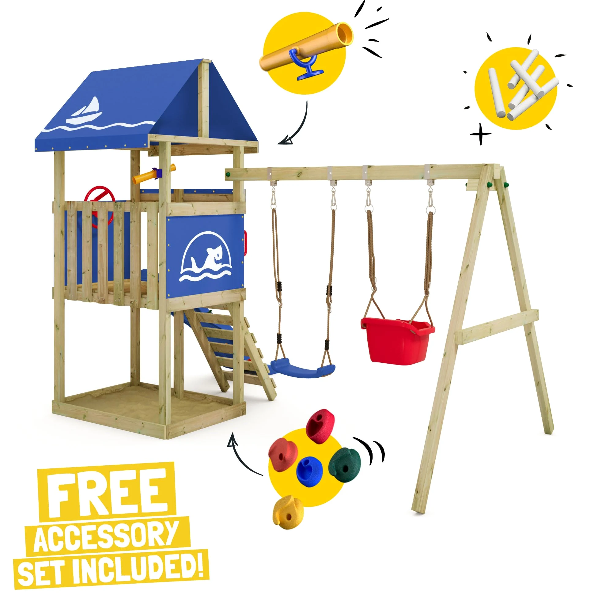 Wickey Parco giochi DinkyHouse con estensione dell'altalena - con scivolo & telone blu - Torre di arrampicata per bambini per il giardino in legno massiccio - 303x317x247 cm