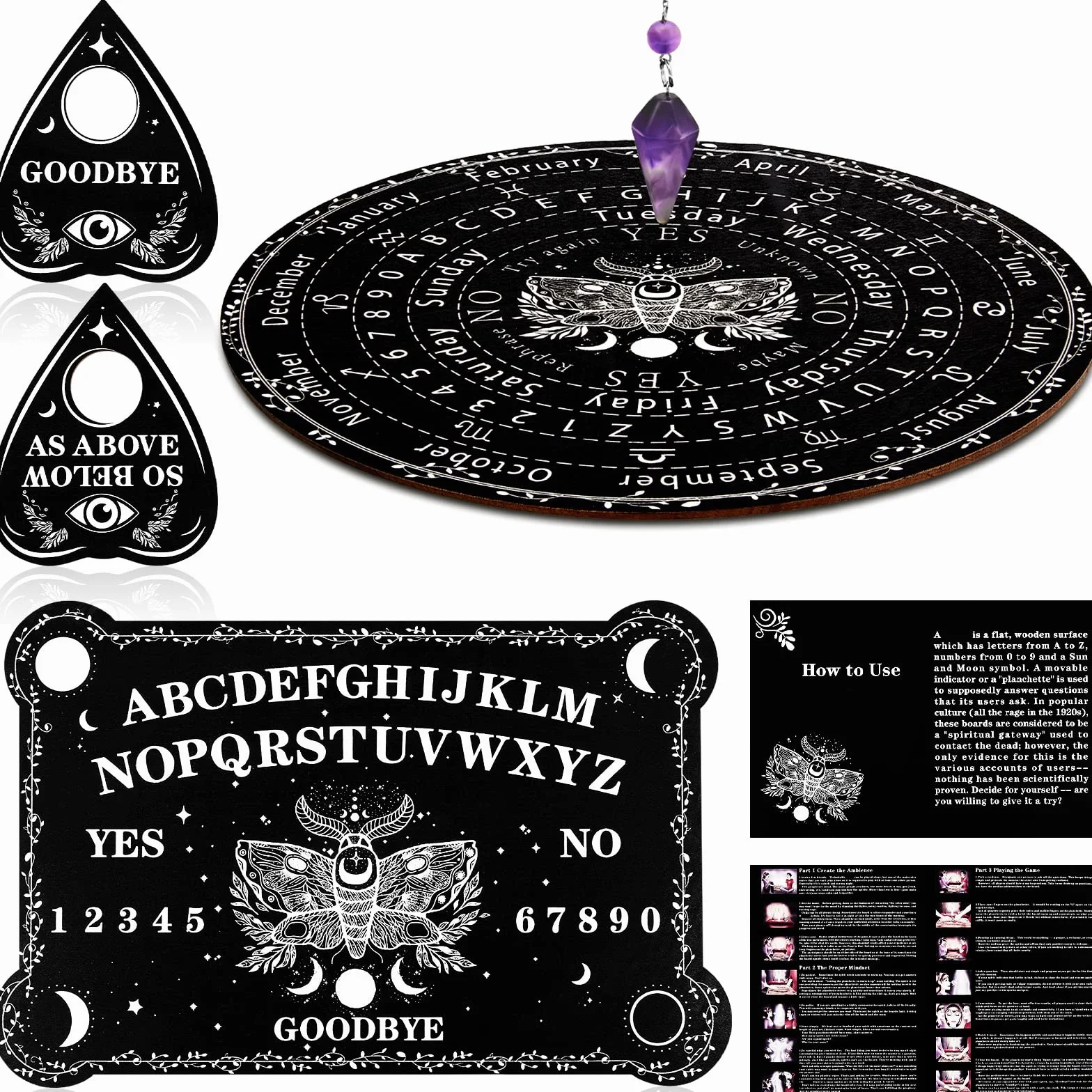 Threan Tavola divinatoria con pendolo con set di ametista, tavola parlante in legno con messaggio metafisico, collana con pendolo di cristallo con planchette per commerci Wiccan (motivo con farfalla)