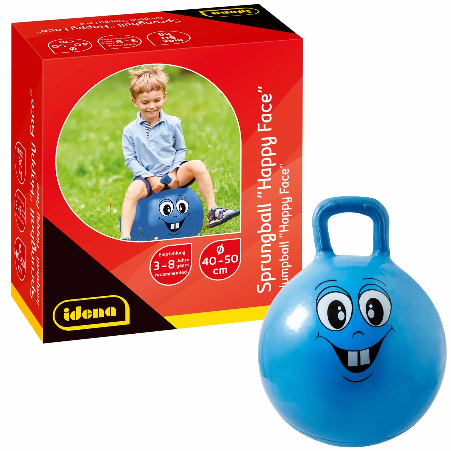 Idena 40094 Happy Face - Pallone per Saltare in Blu, Diametro ca. 45-50 cm, Portata Fino a 50 kg, Perfetto per Estate, Parco o Asilo