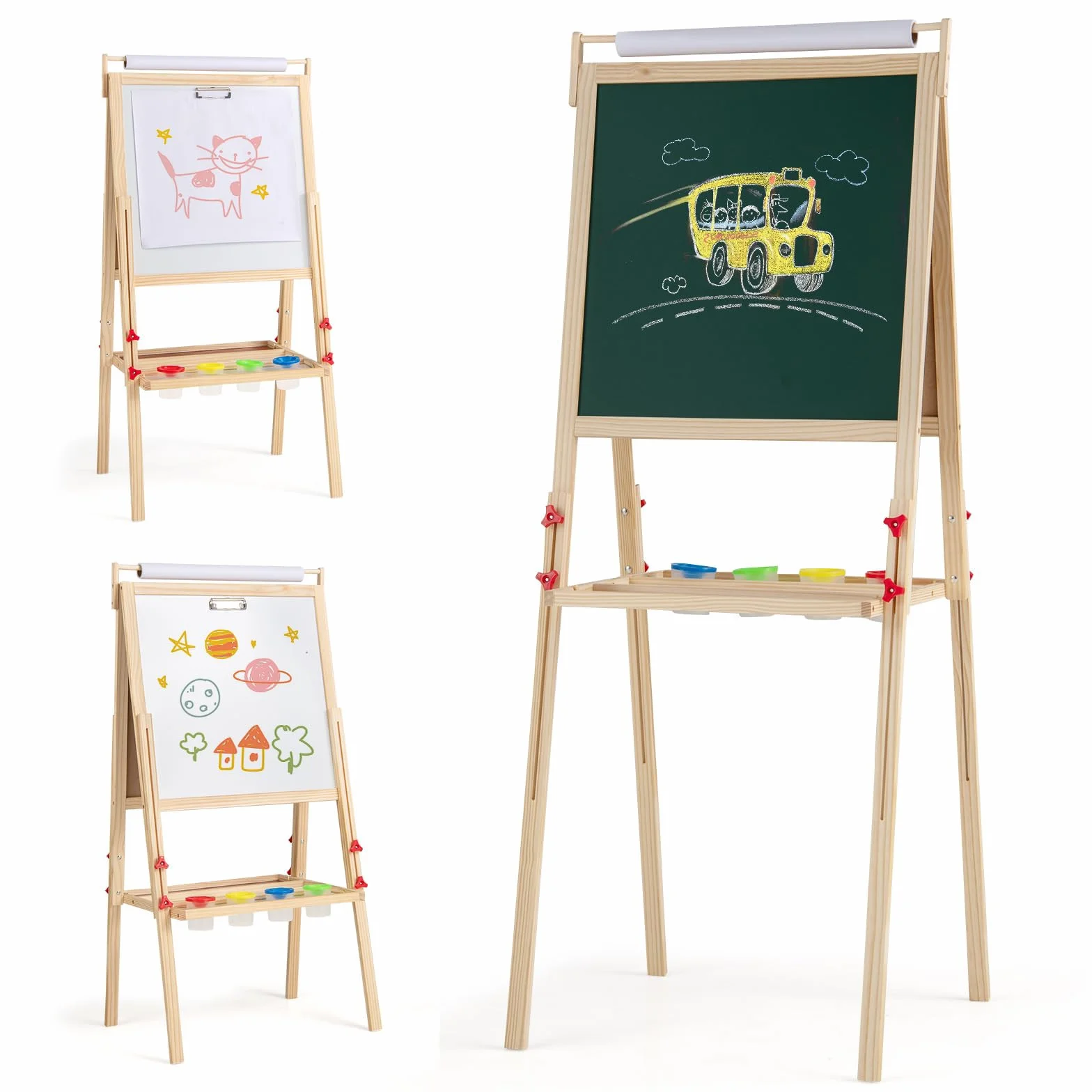 Cavalletto per Bambini in Legno Altezza Regolabile Doppia Faccia con Rotolo di Carta 2 Vassoi 4 Tazze