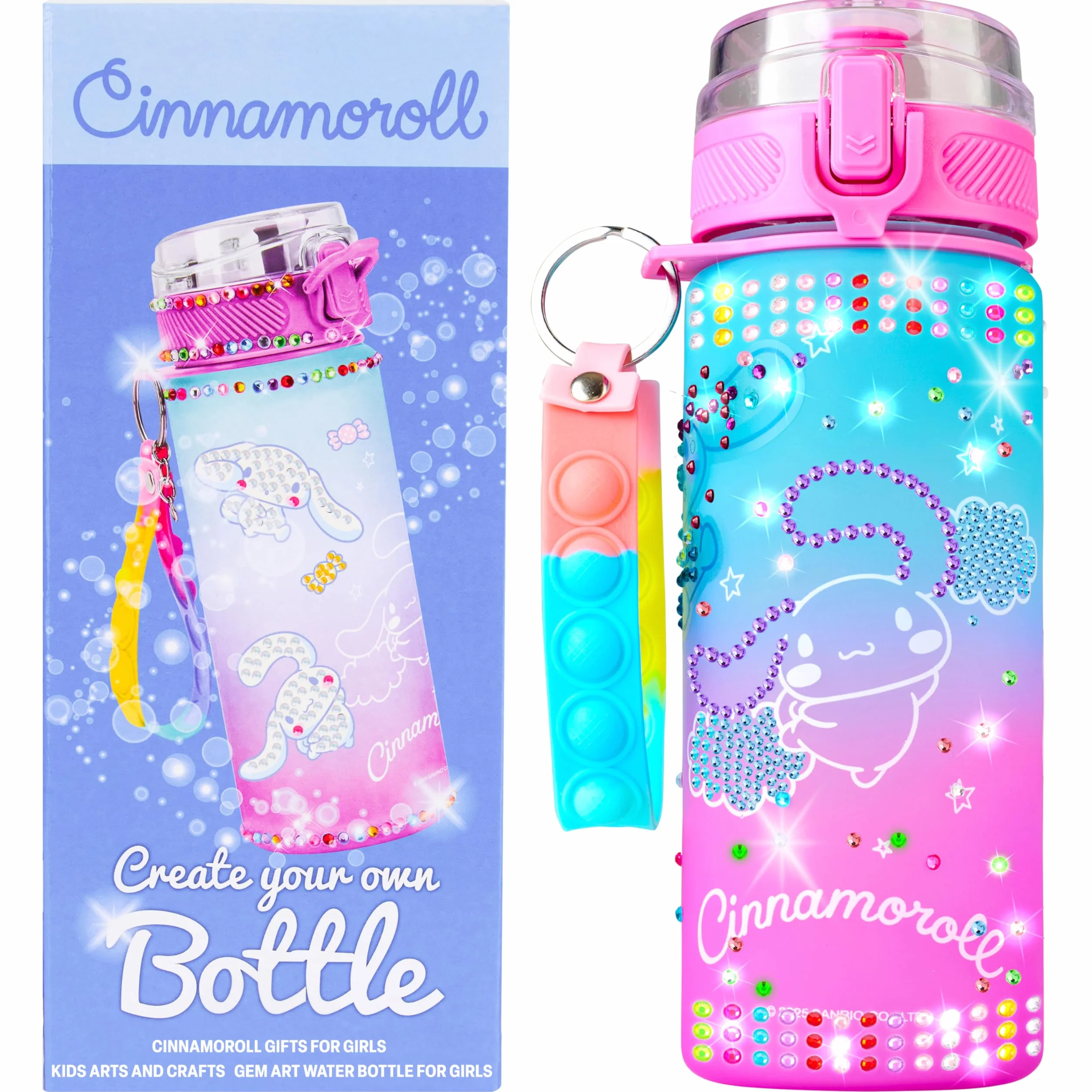 Get Trend Hello Kitty Sanrio Cinnamoroll Kit Creativo Bambina DIY Borraccia da Decorare Bambina, 550ml Senza BPA Tappo Ribaltabile a Prova di Perdite, Gemme Artigianali (Multi Cinamonroll)