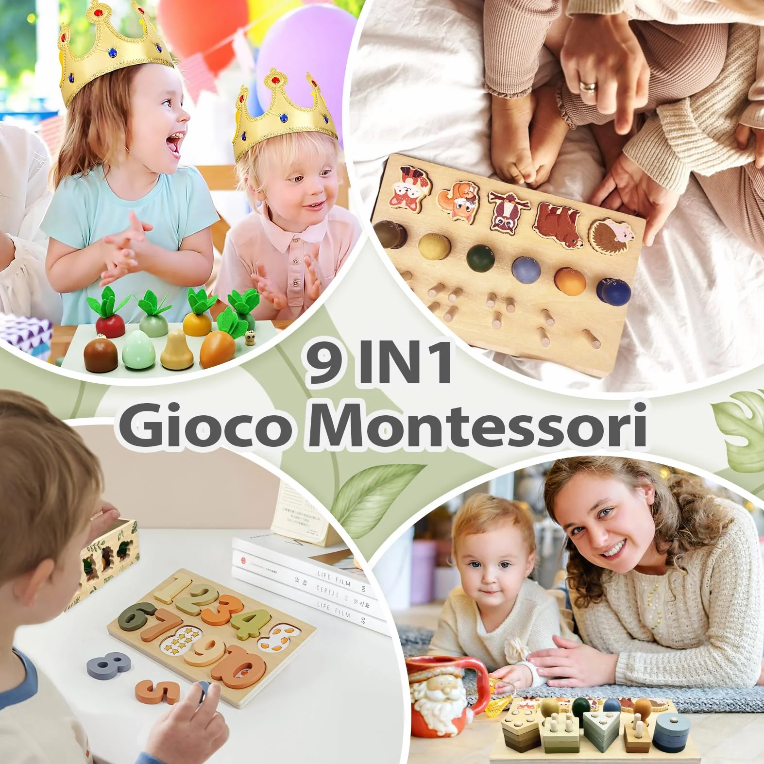 Giochi Montessori 1 2 3 Anni, 9 in 1 Giochi di Legno per Bambini 1 Anno, Giocattoli Bambini 123 Anni Montessori Maschio Femmina, Giochi Educativi 1 2 3 Anni Legno, Regalo Bambino Bambina