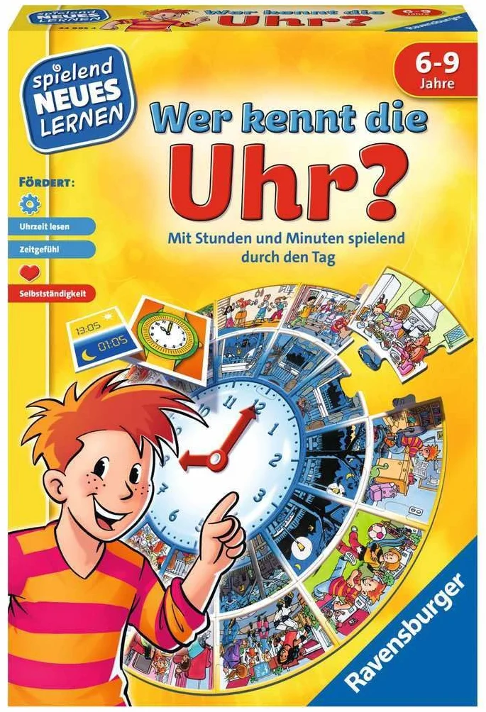 Ravensburger 24995 - Chi conosce l'orologio? - Gioca e impara per bambini, gioco educativo per bambini dai 6 ai 9 anni, nuovo apprendimento giocoso per 1-4 giocatori