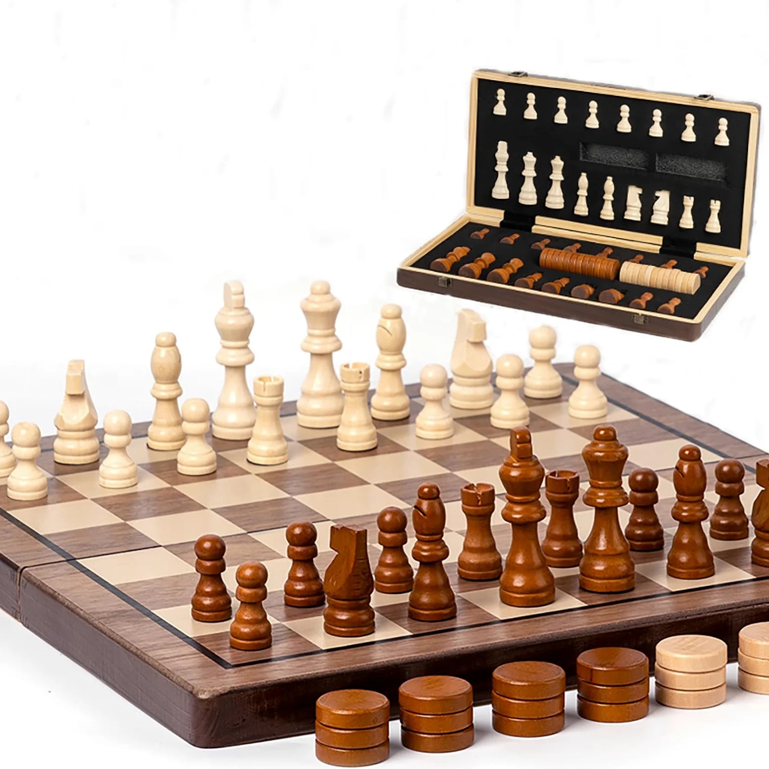 NEWFUN Scacchiera Magnetica in Legno – Gioco Scacchi Dama Pieghevole Viaggio