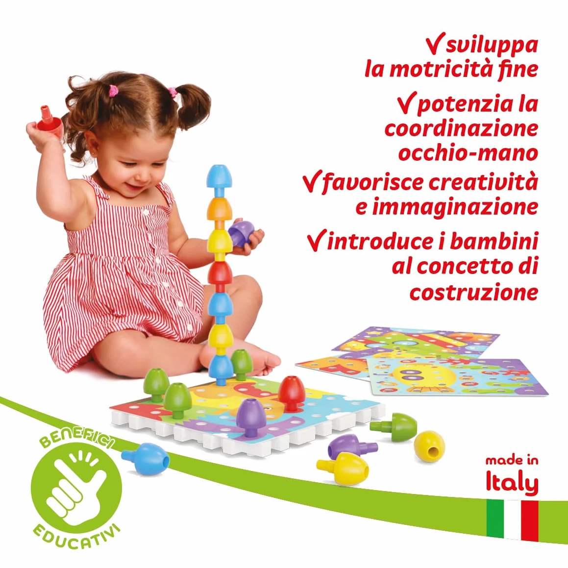 Quercetti Jumbo Peggy Bio, Mosaico Bambini, Giochi Bambini 2 Anni fino ai 5 Anni, Chiodini per Bambini 3 Anni, Costruzioni per Bambini 3 Anni con 36 Chiodini, 9 Piastre e 4 Schede, Made in Italy