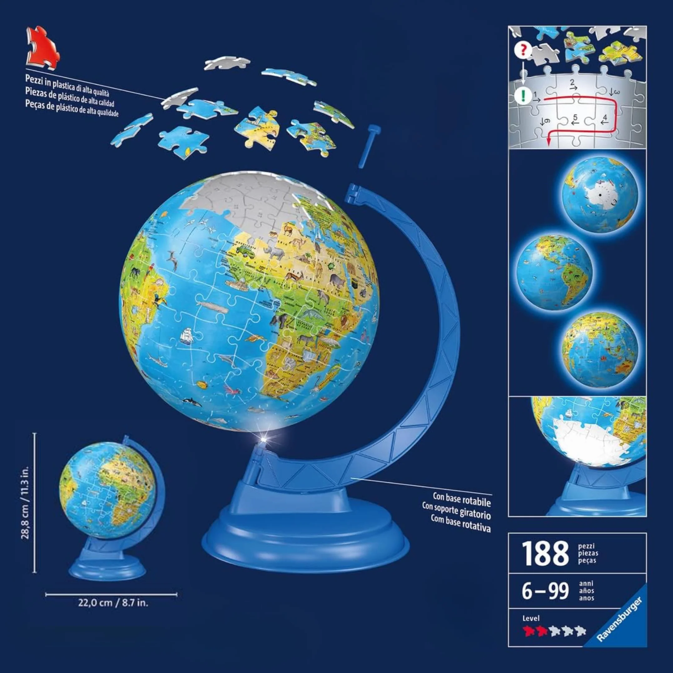 Ravensburger - Puzzle 3d Globo Terrestre Night Edition | Puzzle 3d Bambini A Partire Dai 6 Anni | Modellismo Da Costruire Bambini Di 188 Pezzi | Regalo Bambino 6 Anni E Più