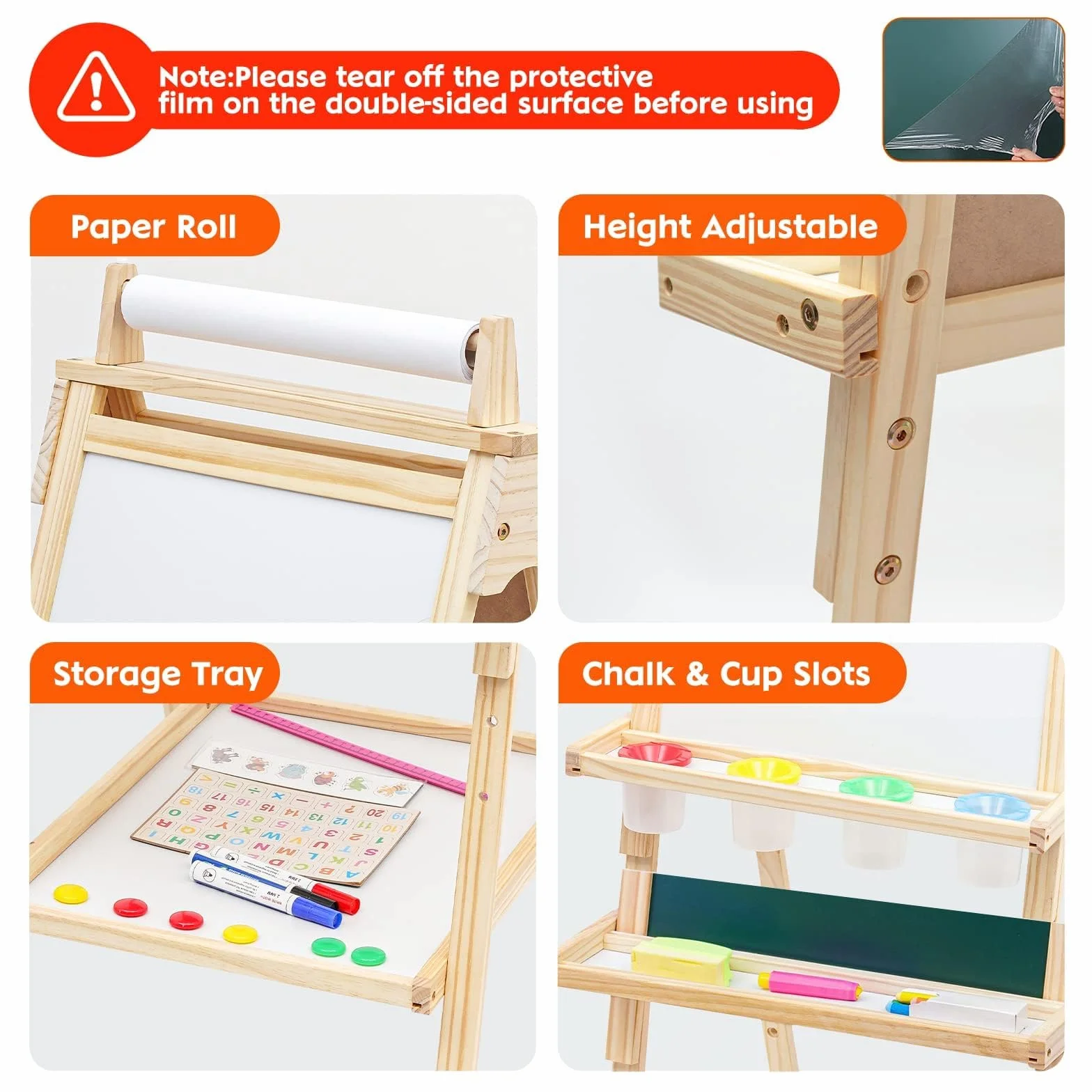 Lavagna per Bambini 3 in 1 Cavalletto in Legno Pittura in Regolabile Altezza, Lavagna Doppia Faccia, Lavagnas Multiattività con Rotolo di Carta, Numeri e Altri Accessori, Giocattolo Educativo 3+ Anni
