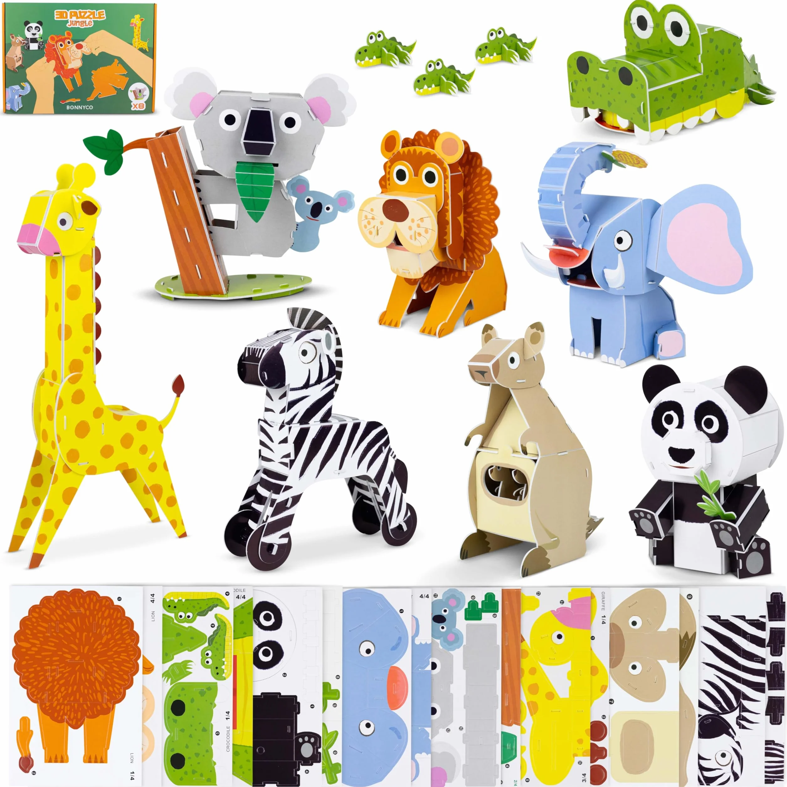 BONNYCO Puzzle 3D Bambini Animali della Giungla Pack 8. Giochi Bambini Educativi Giocattoli, 3D Puzzle Bambino e Bambina. Regalo Bambino 6 7 8 9 10 Anni, Regali Giochi Creativi Compleanno Natale