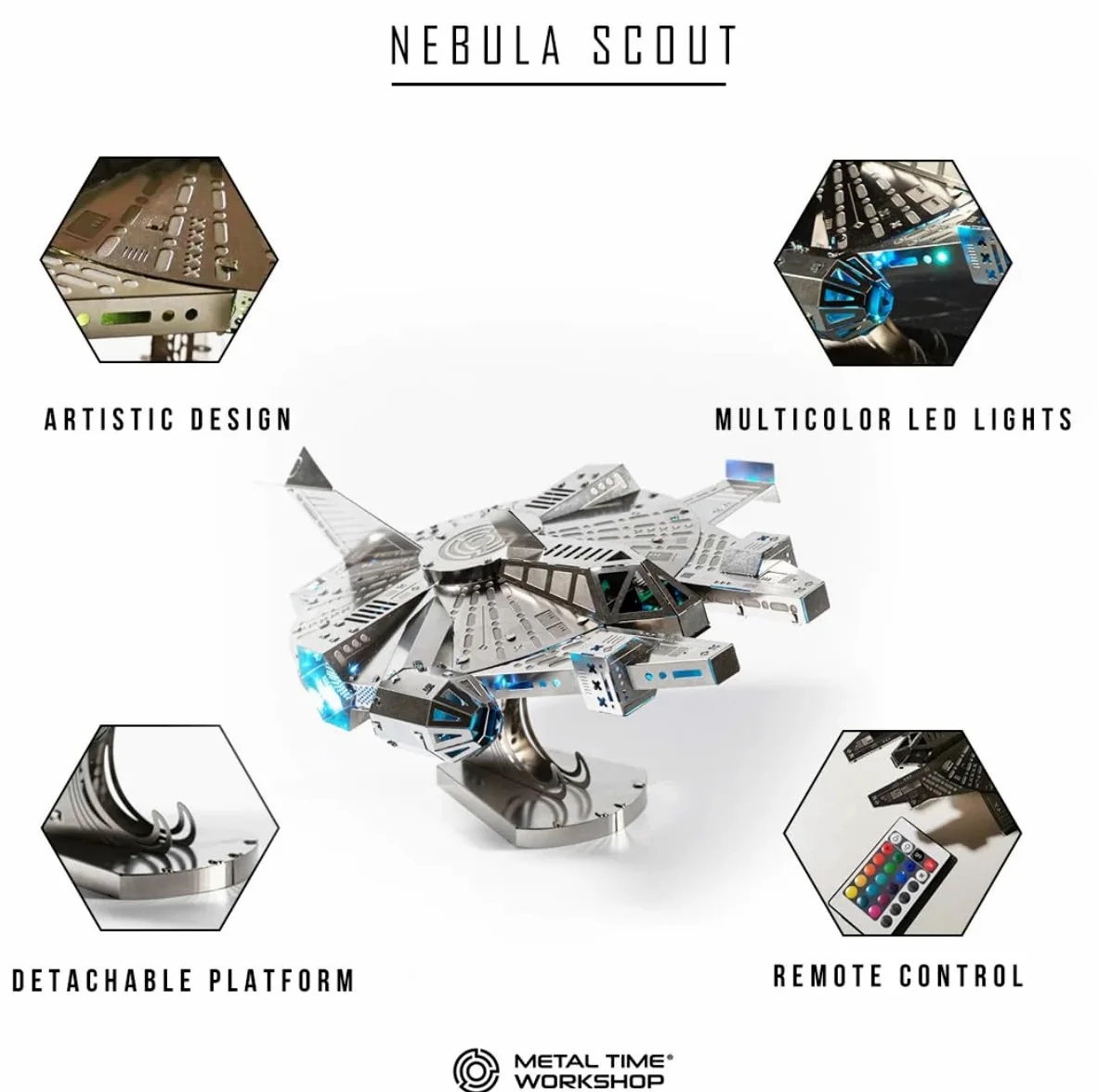Metal Time Nebula Scout, modello astronave in metallo, modello 3D Cosmos Starship, kit di modellini in metallo, luci a LED multicolore con telecomando, 74 pezzi.