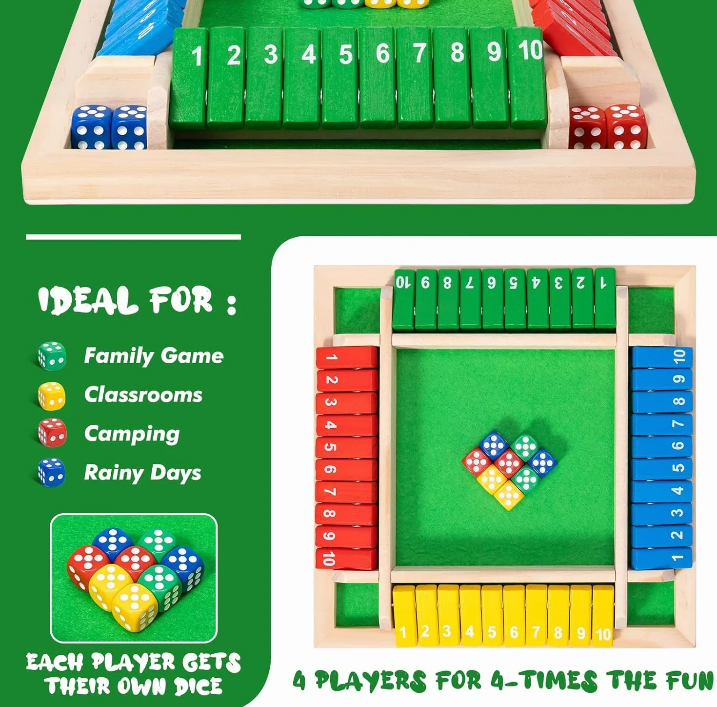 Shut the Box in Legno 2-4 Giocatori - Gioco da Tavolo Con 8 Dadi per Matematica - Set Completo per Bambini, Adulti, Famiglia o Bar