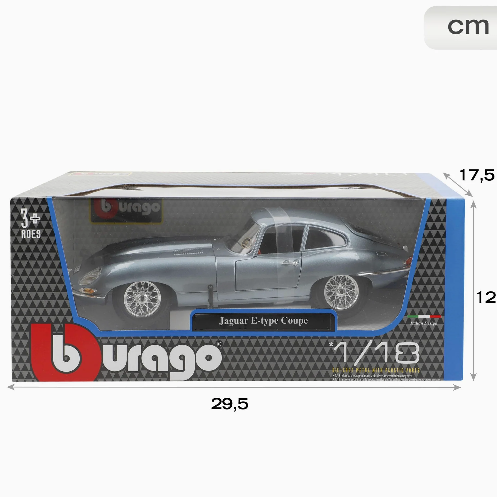 Bburago - Jaguar E-Type Coupe, Auto Diecast in Scala 1:18, Blu Met., 3+ | Modellino Auto Classica da Collezione con Porte, Cofano e Bagagliaio Apribili, Licenza Ufficiale