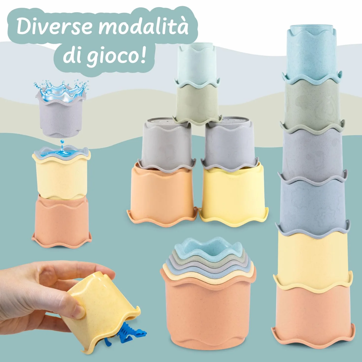 Science4you Bicchieri Impilabili Neonato 3 in 1 – Gioco Impilabile con 6 Bicchieri, Bagno Spiaggia Interno, 6 9 12 Mesi+