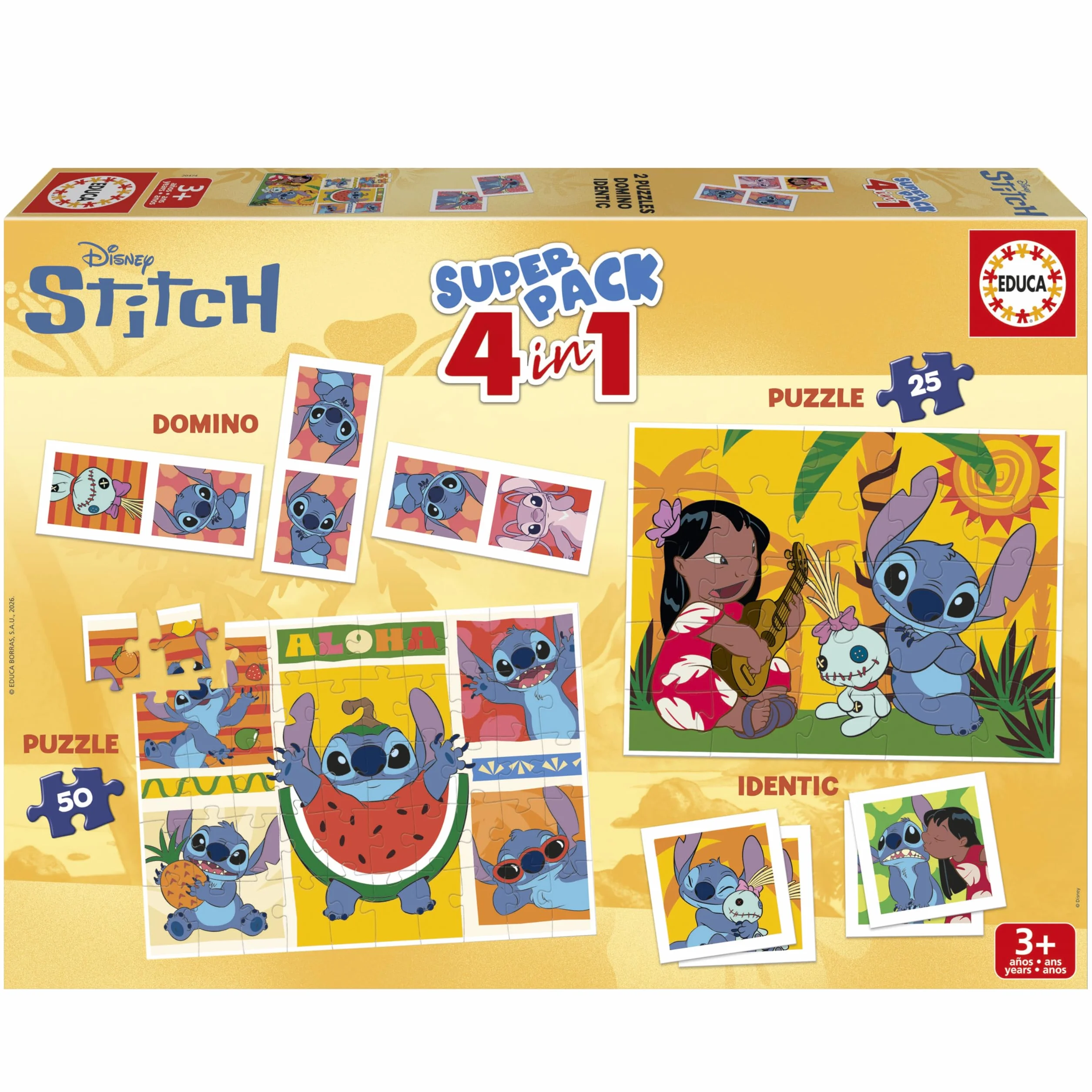 Educa - Stitch Superpack 4 in 1 | Cofanetto Giochi Bambini Disney: 2 Puzzle 25 e 50 Pezzi, Domino 28 Tessere, Memory 28 Carte | Licenza ufficiale Disney | Dai 3 anni (20474)