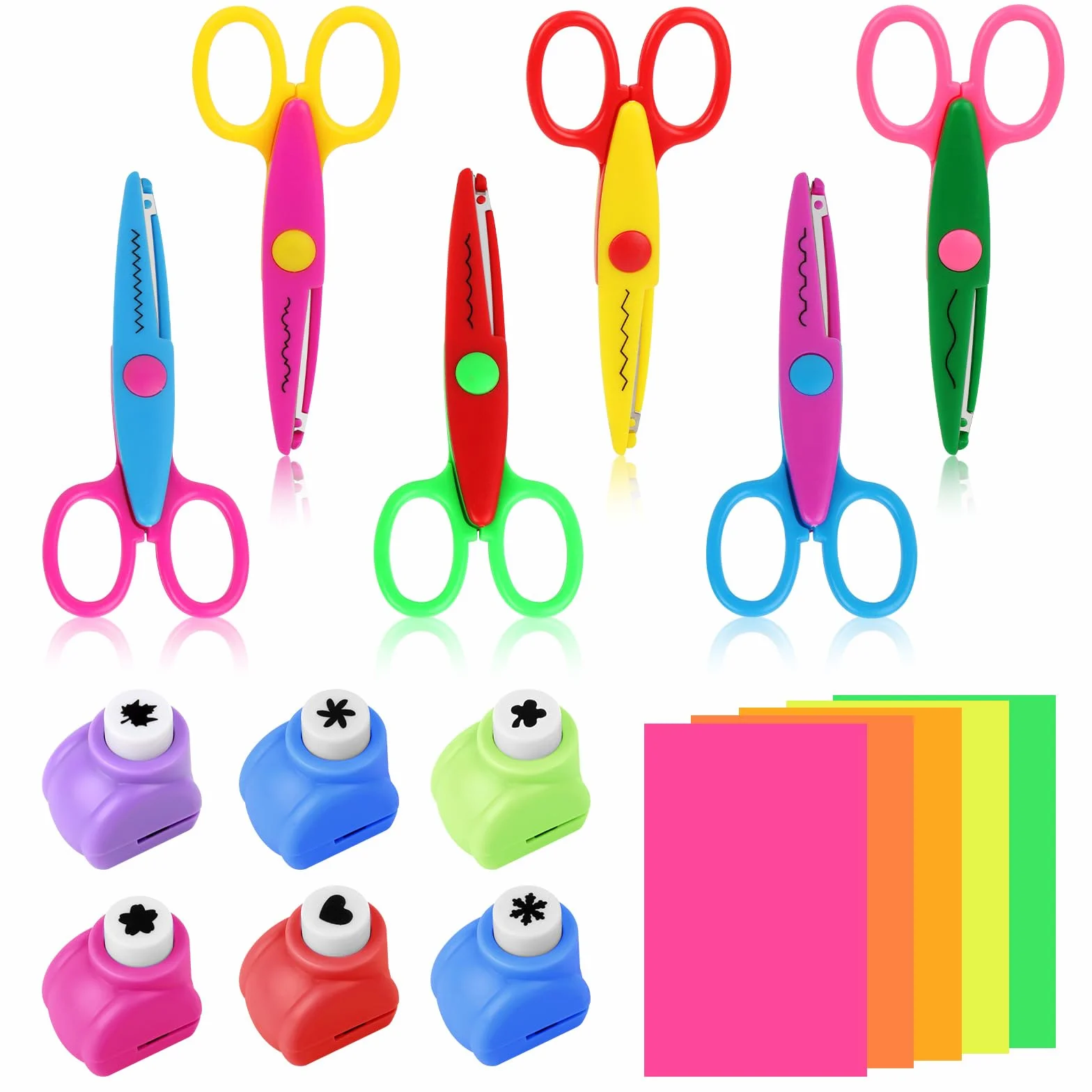 MXTIMWAN Set di 6 forbici a zig-zag, per bambini, 6 punzonatrici di carta, 5 pezzi taglio di carta, forbici colorate per bambini, design artigianale, clip book, fai da te