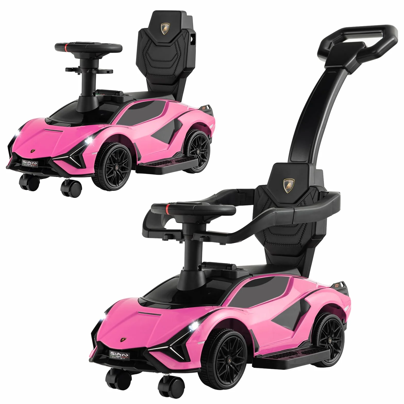 COSTWAY 3 in 1 Auto da Spinta con Paracolpi e Manubrio Rimovibili, Musica e Fari, Rosa per Bambini 18-24 Mesi