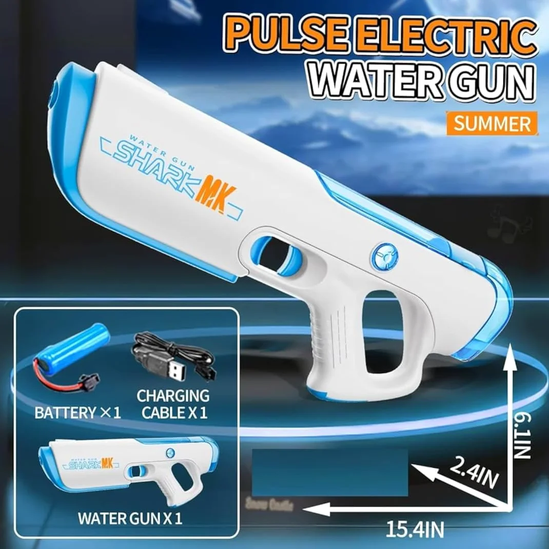 Shark MK Pistola ad Acqua Elettrica per Bambini, Ricaricabile USB, 39x15 cm, Bianco e Blu